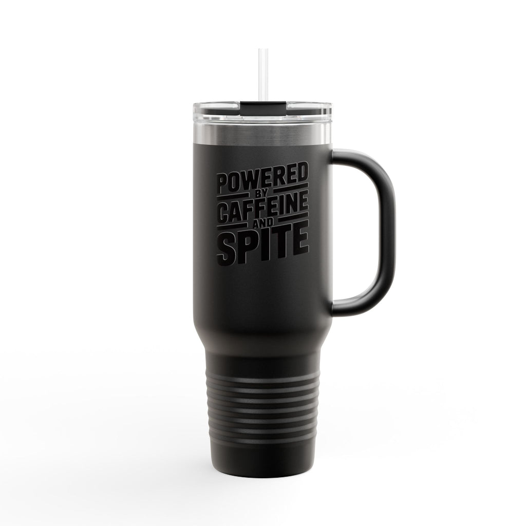 Powered By Caffeine And Spite Tumbler, Funny Sarcastic 40oz Travel Mug, Snarky Coffee Cup Gift, Bold Typography Quote Tumbler