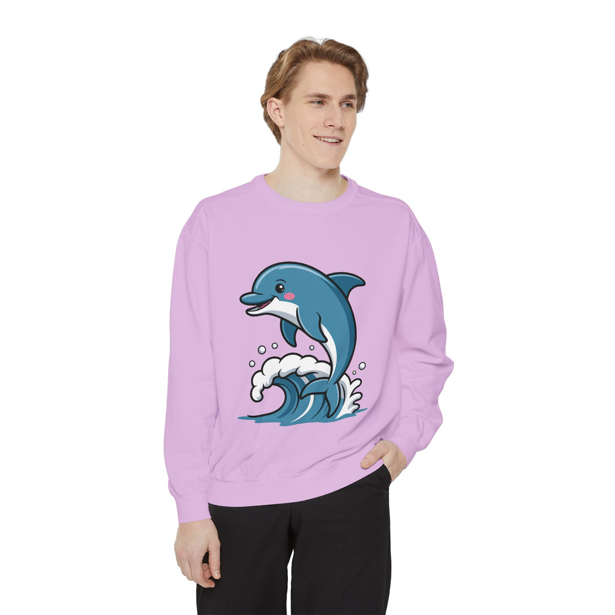 Cute Dolphin Sweatshirt, Embroidered Wave Crewneck, Ocean Lover Gift, Garment Dyed Beach Sweatshirt for Women Men