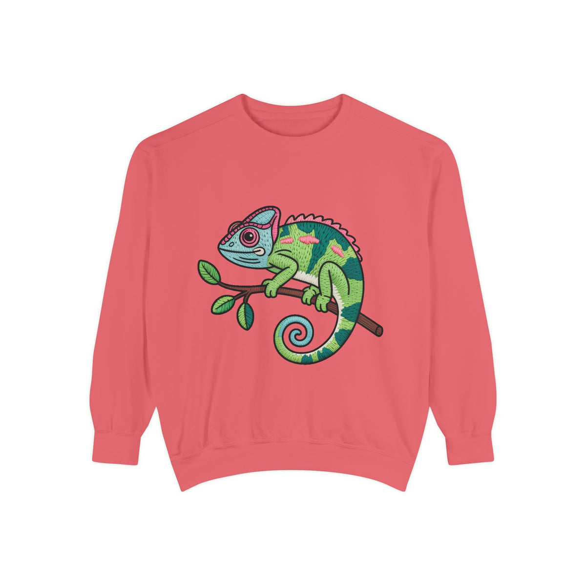 Chameleon Sweatshirt, Cute Embroidered Patch Style Crewneck, Reptile Lover Gift, Garment Dyed Sweatshirt for Nature Lovers