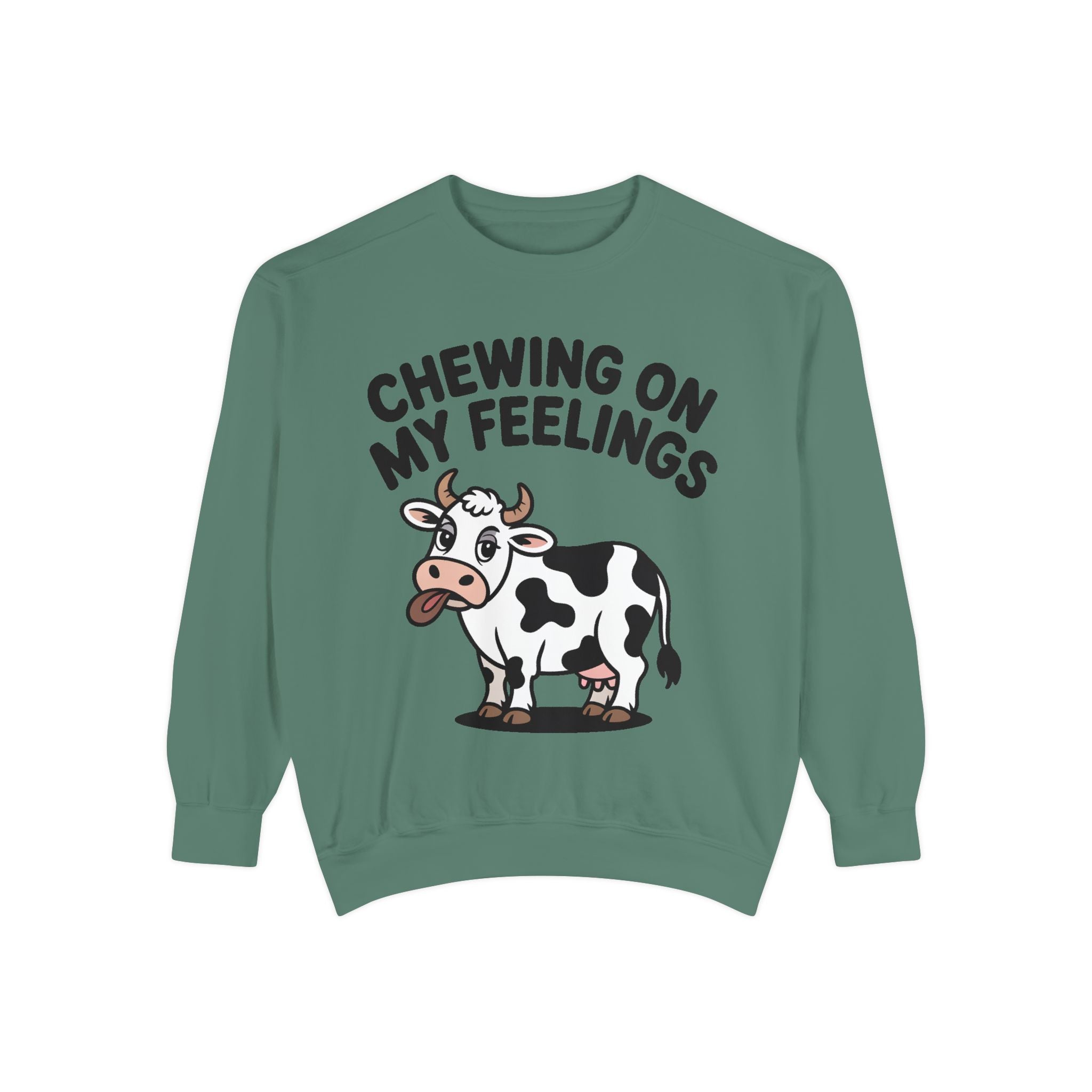 Chewing On My Feelings Sweatshirt, Funny Cow Crewneck, Cute Cow Lover Gift, Embroidered Style Cow Sweatshirt, Funny Farm Animal Shirt