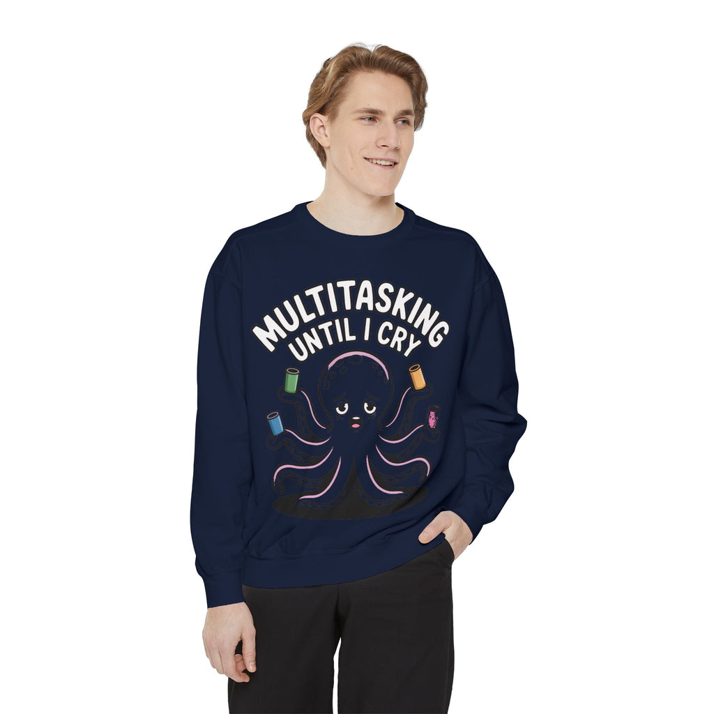 Multitasking Octopus Sweatshirt, Funny Stressed Octopus Crewneck, Embroidery-Patch Style Sweatshirt, Busy Mom Gift, Work Humor Pullover