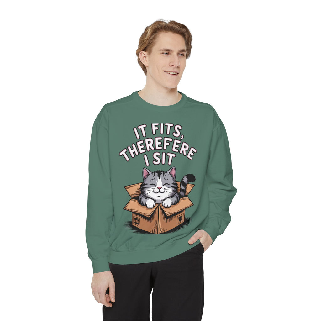 Funny Cat Sweatshirt, It Fits Therefore I Sit Crewneck, Cat In Box Embroidered Sweatshirt, Cat Lover Gift, Funny Cat Lover Sweater