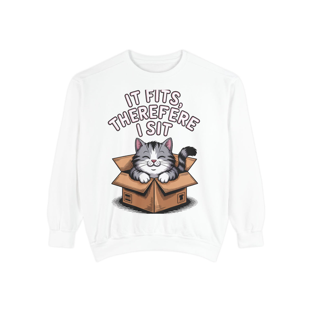 Funny Cat Sweatshirt, It Fits Therefore I Sit Crewneck, Cat In Box Embroidered Sweatshirt, Cat Lover Gift, Funny Cat Lover Sweater