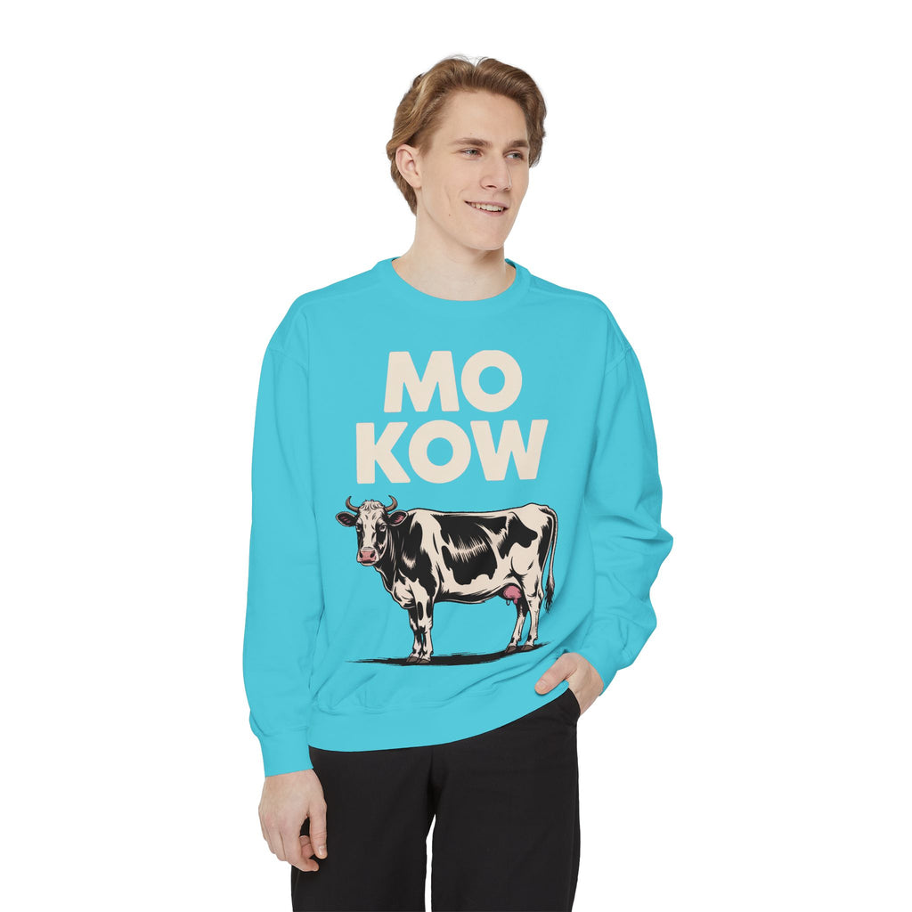 Mo Kow Funny Cow Sweatshirt, Absurd Meme Crewneck, Deadpan Farm Animal Embroidered Sweatshirt, Funny Cow Lover Gift