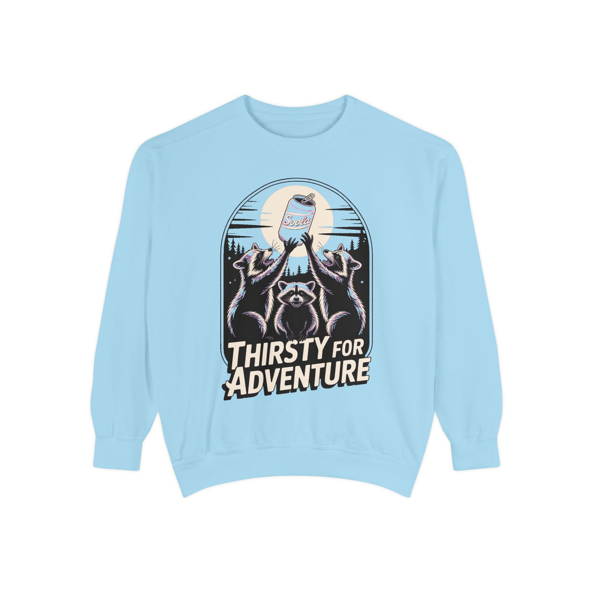 Thirsty For Adventure Raccoons Sweatshirt, Funny Vintage Poster Crewneck, Retro Raccoon Graphic Sweatshirt Gift