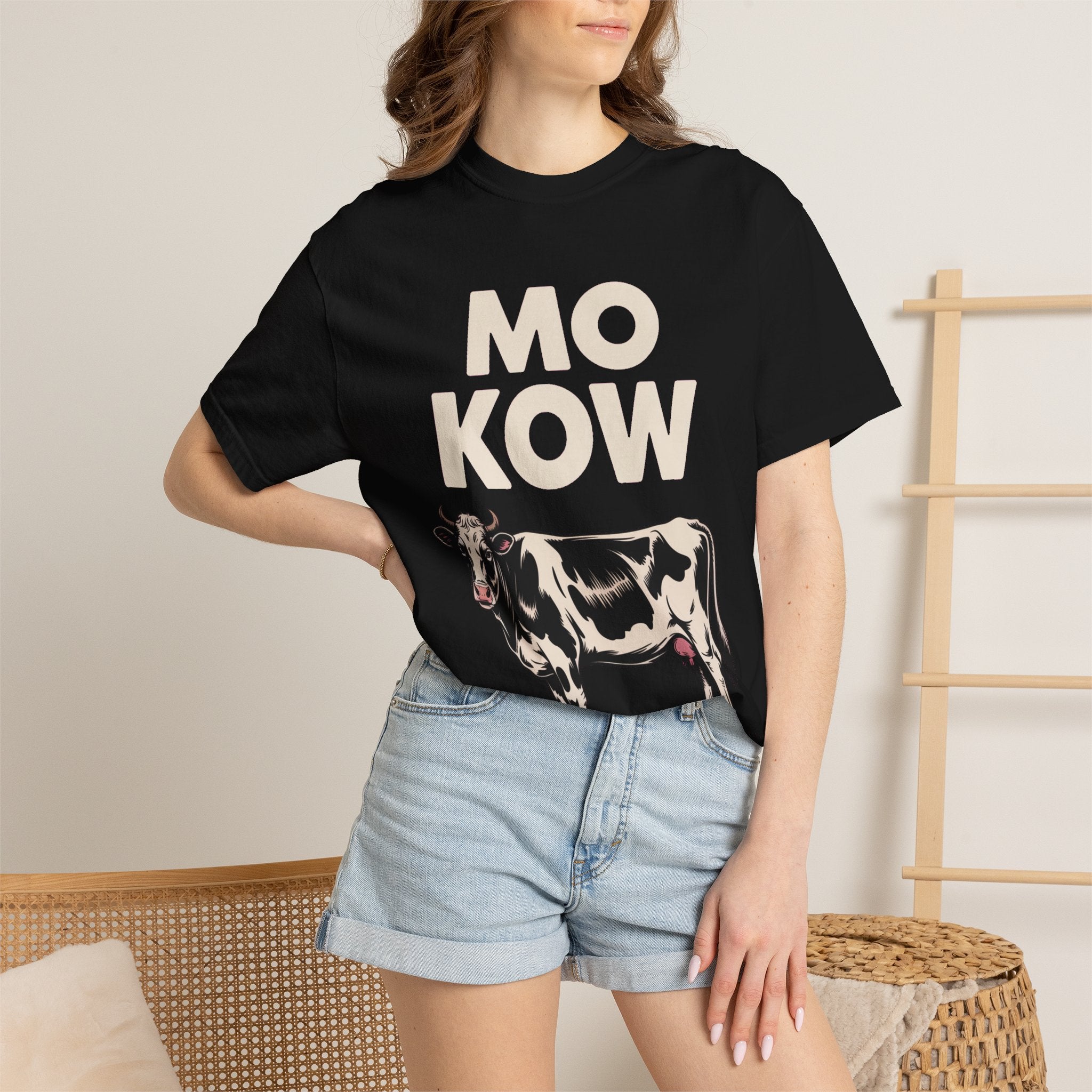 Mo Kow Funny Cow Shirt, Absurd Meme T-Shirt, Deadpan Farm Animal Tee, Weird Cow Lover Gift, Funny Misspelled Label Shirt