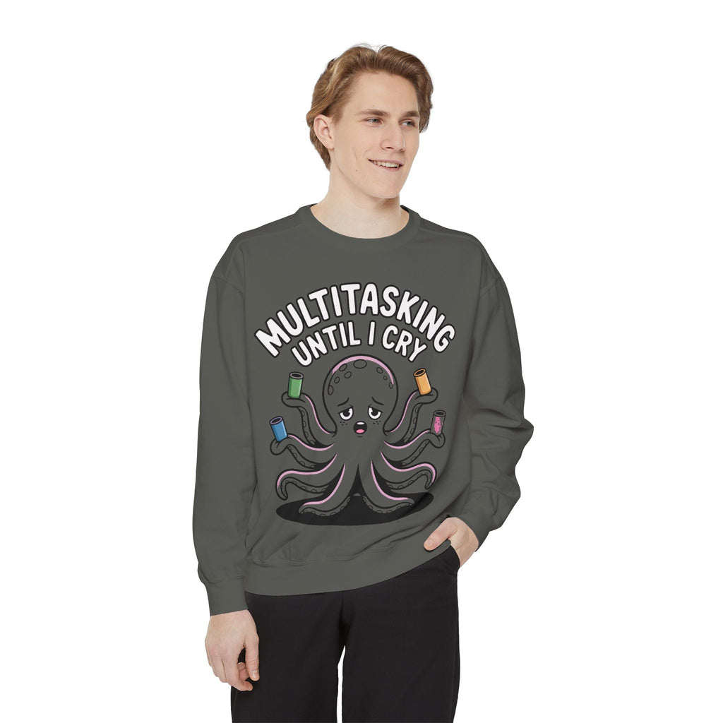 Multitasking Octopus Sweatshirt, Funny Stressed Octopus Crewneck, Embroidery-Patch Style Sweatshirt, Busy Mom Gift, Work Humor Pullover