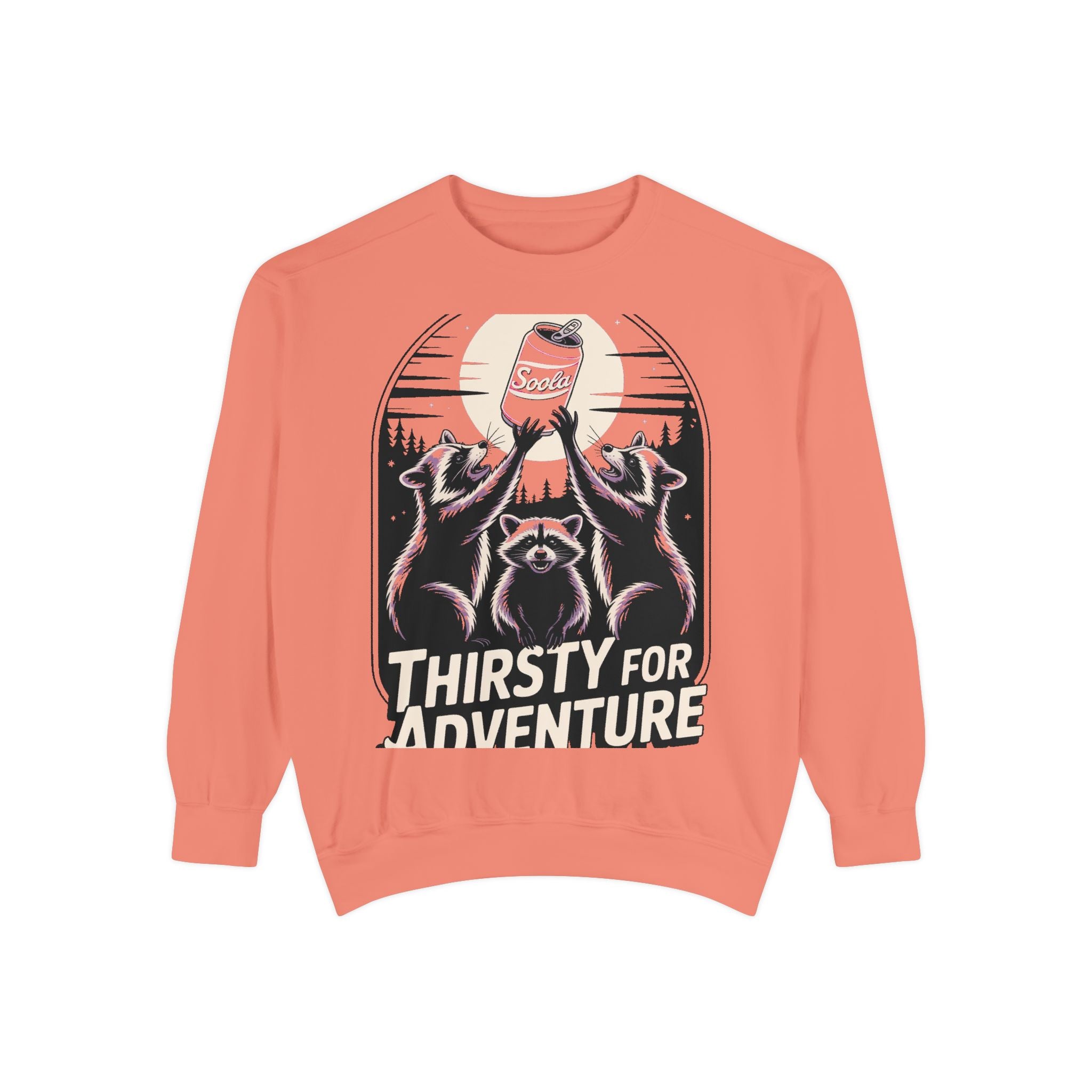 Thirsty For Adventure Raccoons Sweatshirt, Funny Vintage Poster Crewneck, Retro Raccoon Graphic Sweatshirt Gift