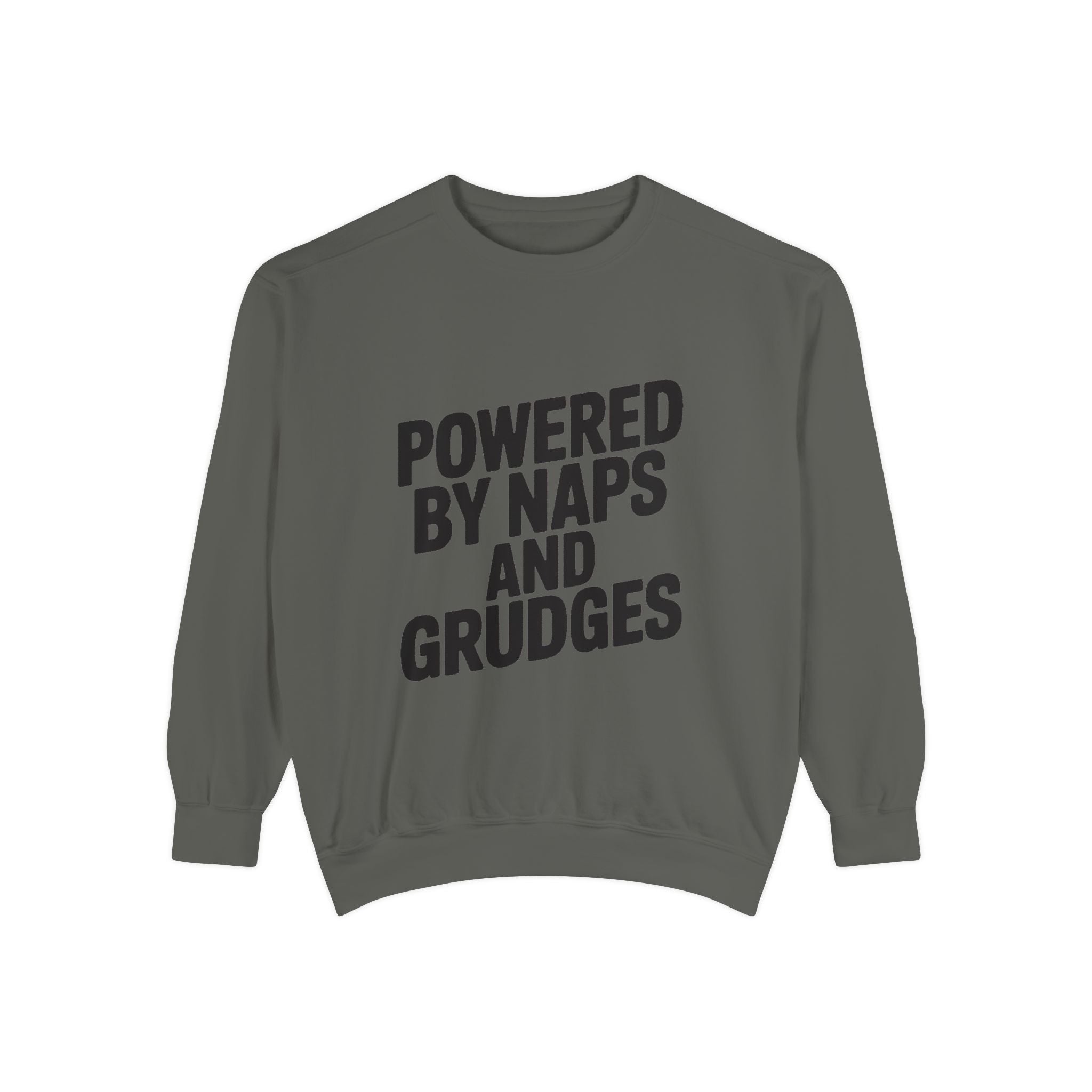 Powered By Naps And Grudges Sweatshirt, Funny Sarcastic Crewneck, Embroidered-Look Graphic Sweatshirt, Sarcasm Lover Gift