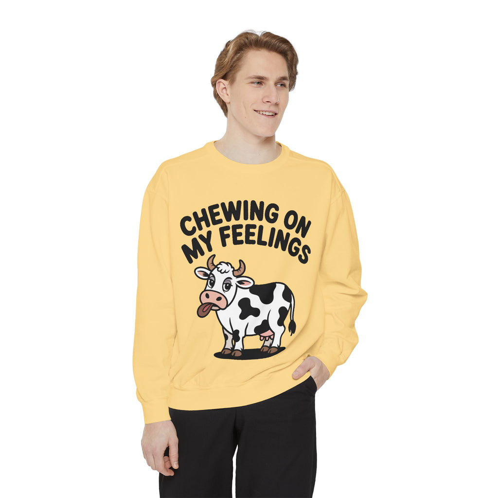 Chewing On My Feelings Sweatshirt, Funny Cow Crewneck, Cute Cow Lover Gift, Embroidered Style Cow Sweatshirt, Funny Farm Animal Shirt