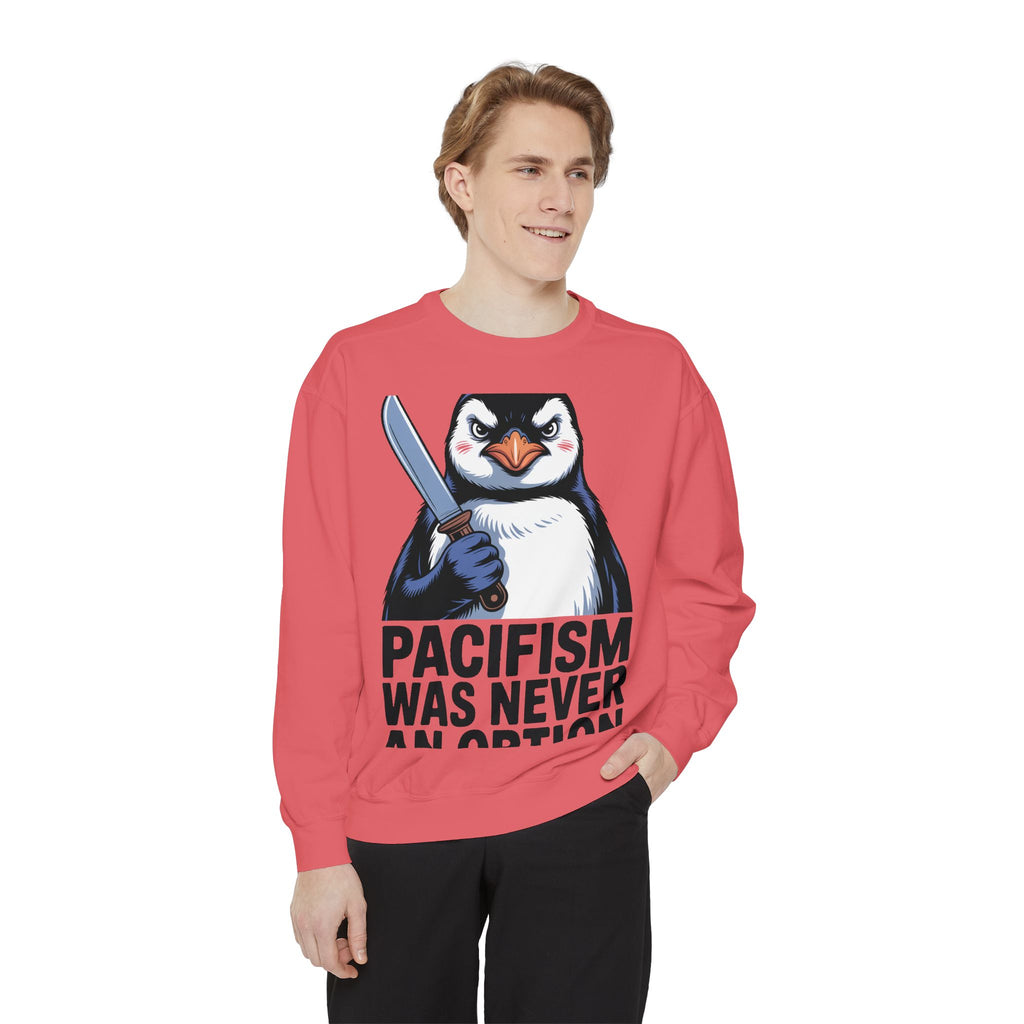 Pacifism Was Never An Option Penguin Sweatshirt, Funny Butter Knife Penguin Crewneck, Vintage Poster Style Graphic Sweatshirt Gift