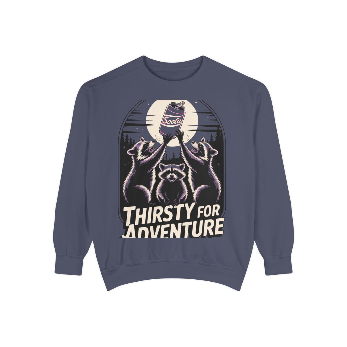 Thirsty For Adventure Raccoons Sweatshirt, Funny Vintage Poster Crewneck, Retro Raccoon Graphic Sweatshirt Gift