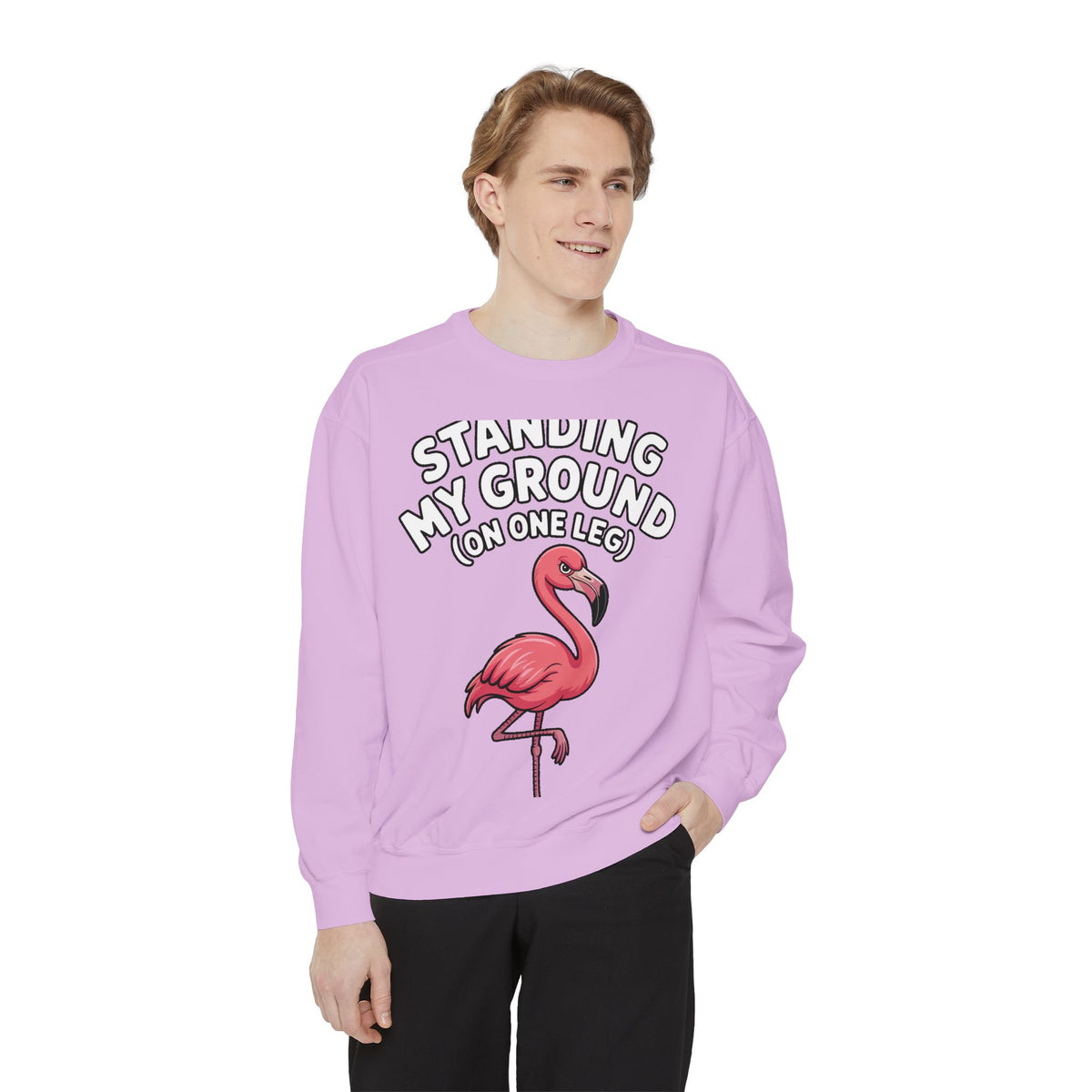 Standing My Ground Flamingo Sweatshirt, Funny One Leg Flamingo Crewneck, Sassy Bird Lover Gift, Embroidered Patch Style Sweatshirt