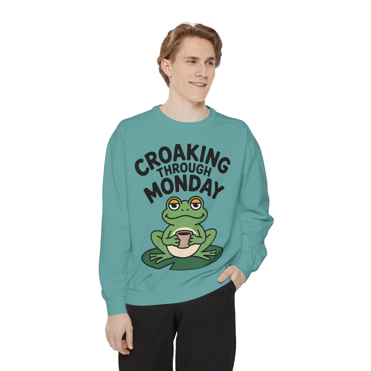 Croaking Through Monday Sweatshirt, Funny Tired Frog Crewneck, Cute Coffee Frog Sweatshirt, Frog Lover Gift