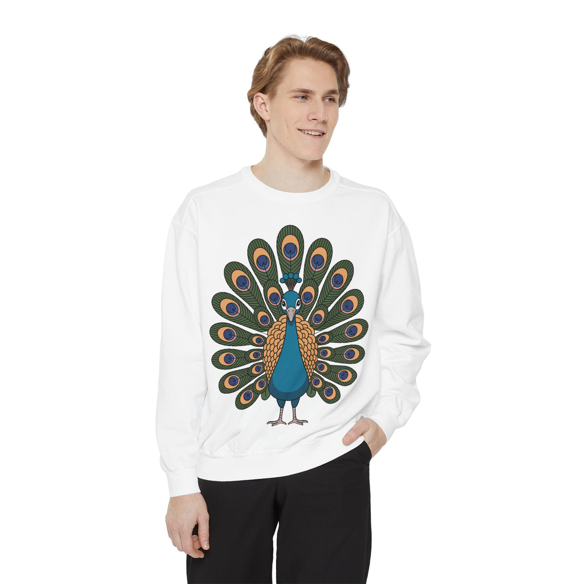 Peacock Sweatshirt, Cute Cartoon Peacock Crewneck, Embroidered Patch Style Feather Sweatshirt, Bird Lover Gift