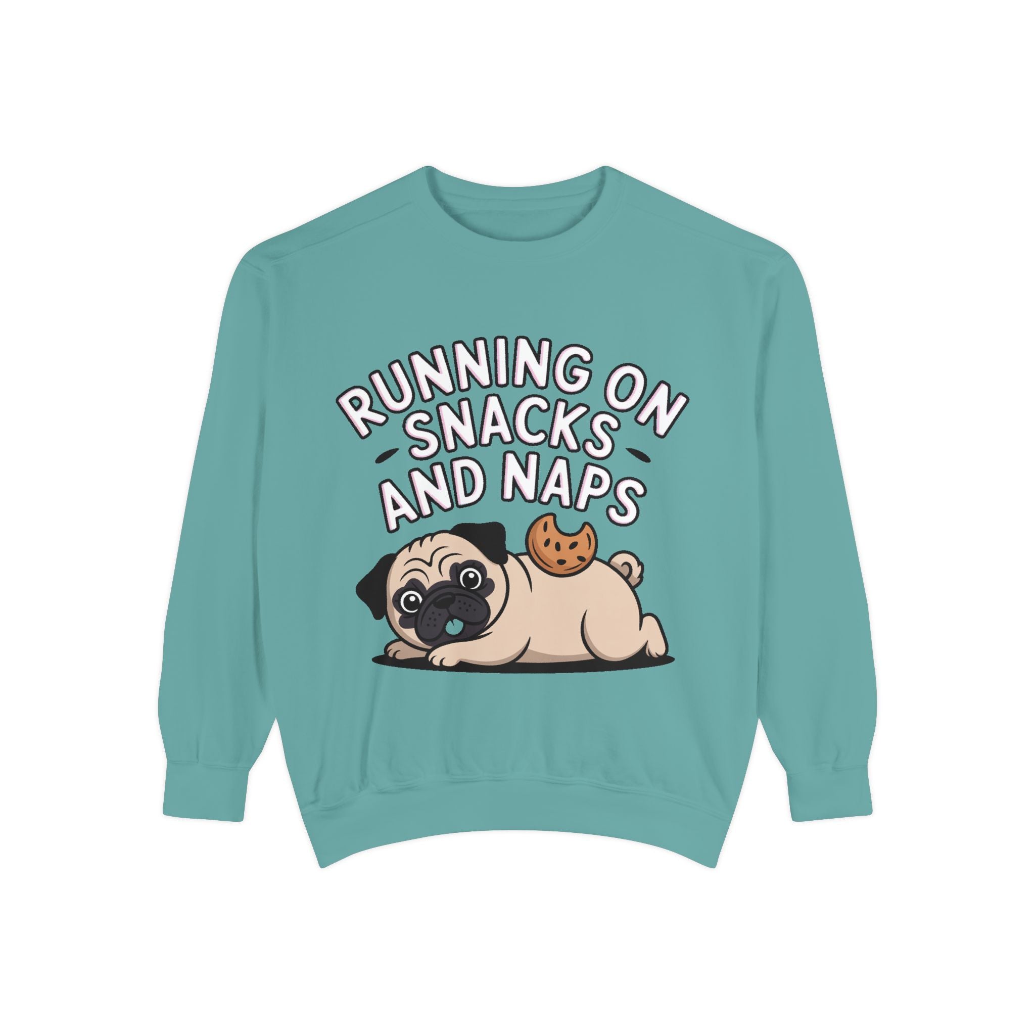 Pug Sweatshirt, Funny Running On Snacks And Naps Crewneck, Cute Pug Lover Gift, Embroidered Patch Style Dog Sweater