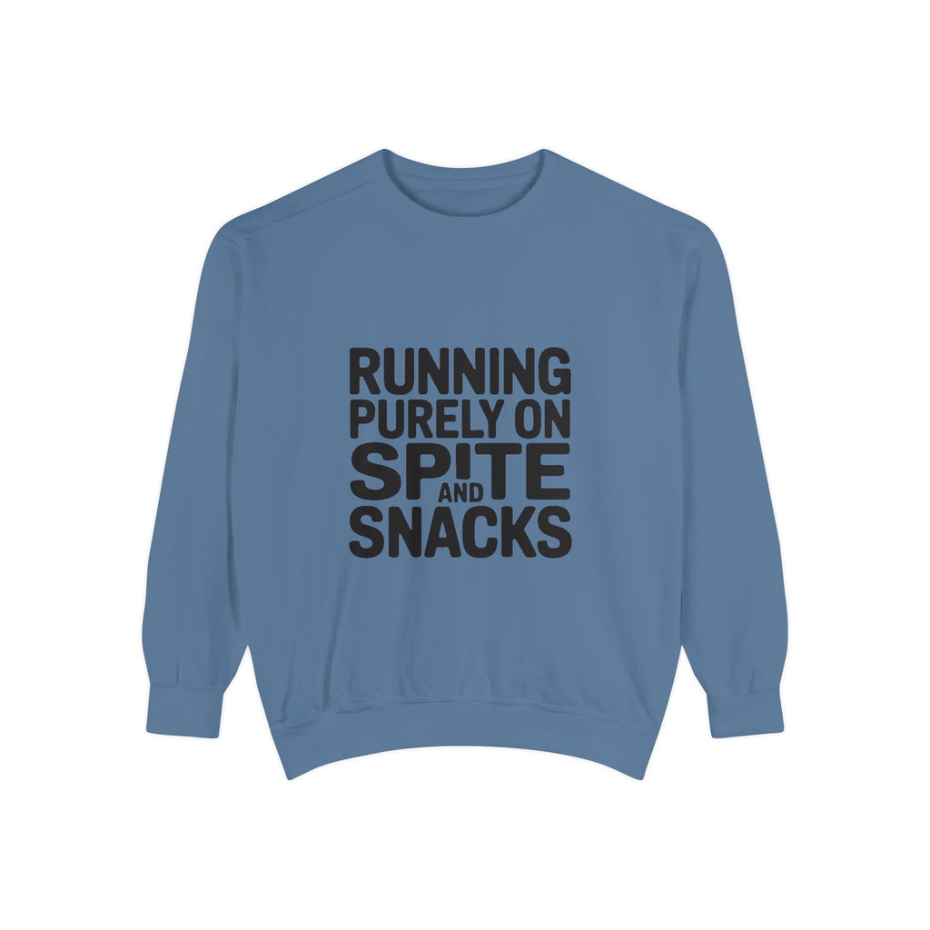 Running On Spite And Snacks Sweatshirt, Funny Sarcastic Crewneck, Embroidered-Look Bold Text Sweatshirt, Sarcastic Gift for Friend