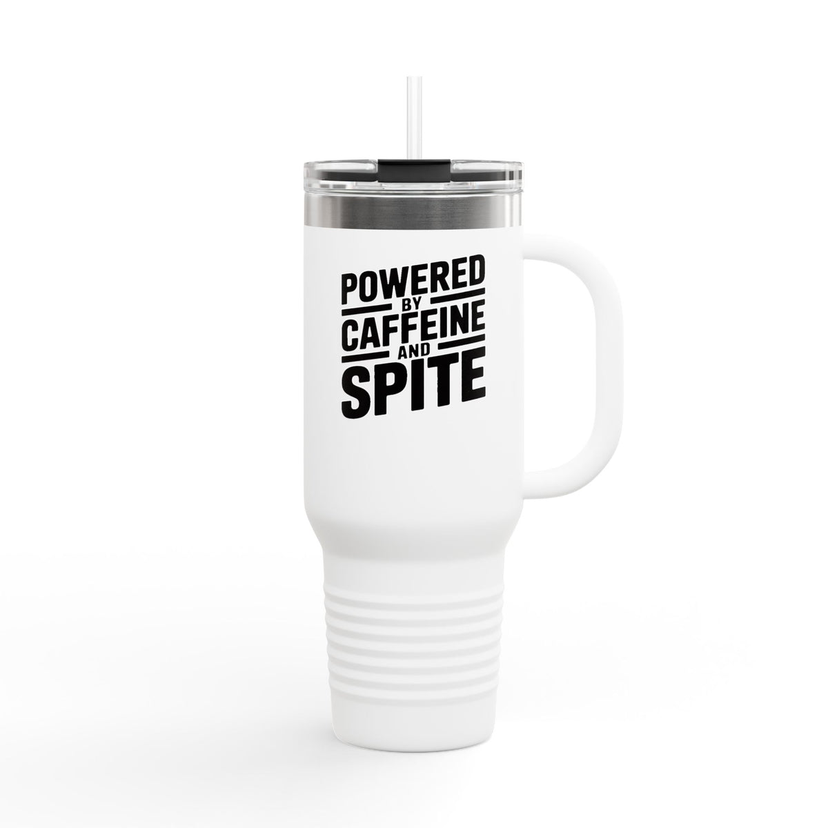 Powered By Caffeine And Spite Tumbler, Funny Sarcastic 40oz Travel Mug, Snarky Coffee Cup Gift, Bold Typography Quote Tumbler