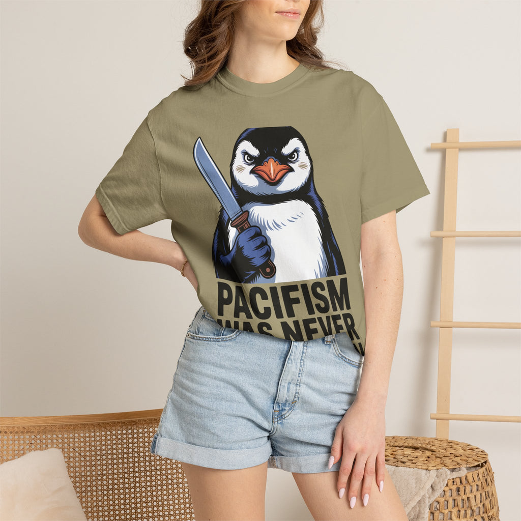 Funny Penguin Shirt, Pacifism Was Never An Option Tee, Dramatic Penguin With Knife T-Shirt, Sarcastic Meme Gift Shirt