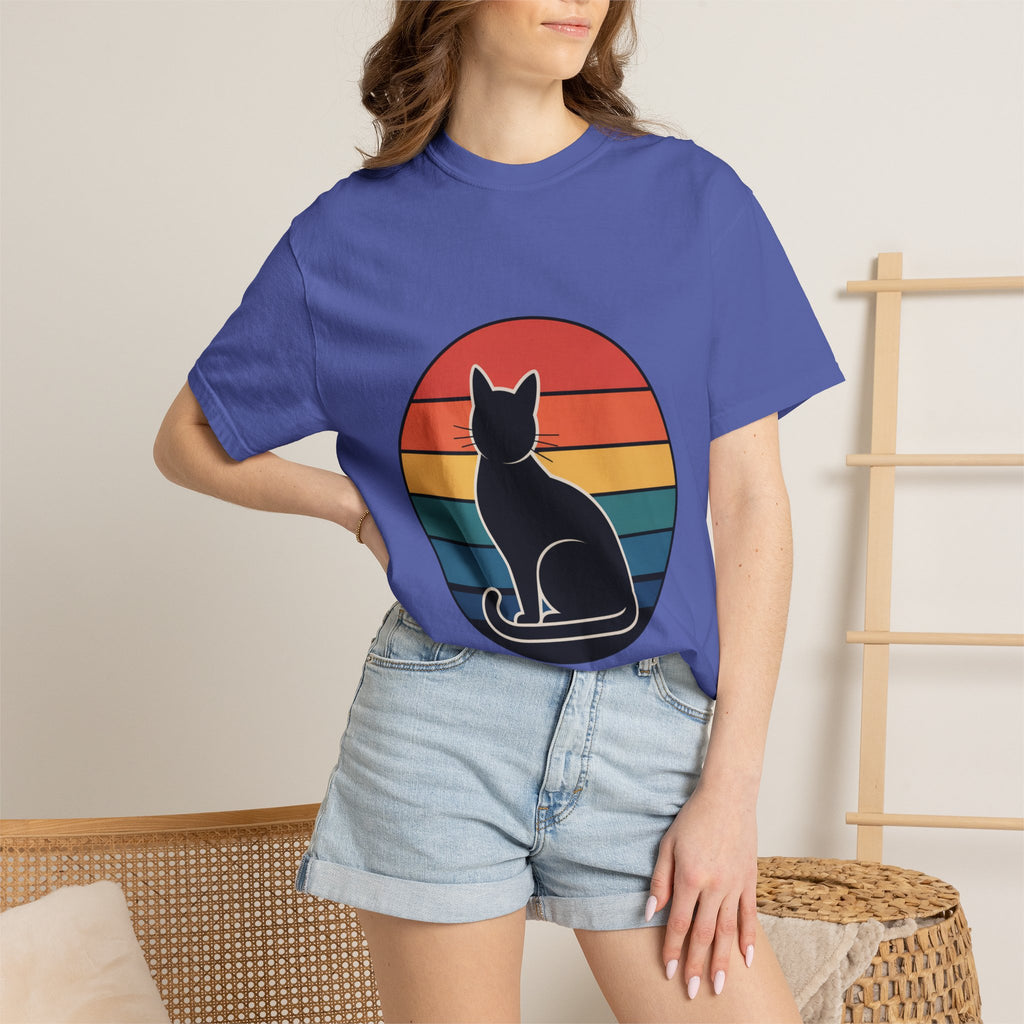 Retro Sunset Cat Badge T-Shirt