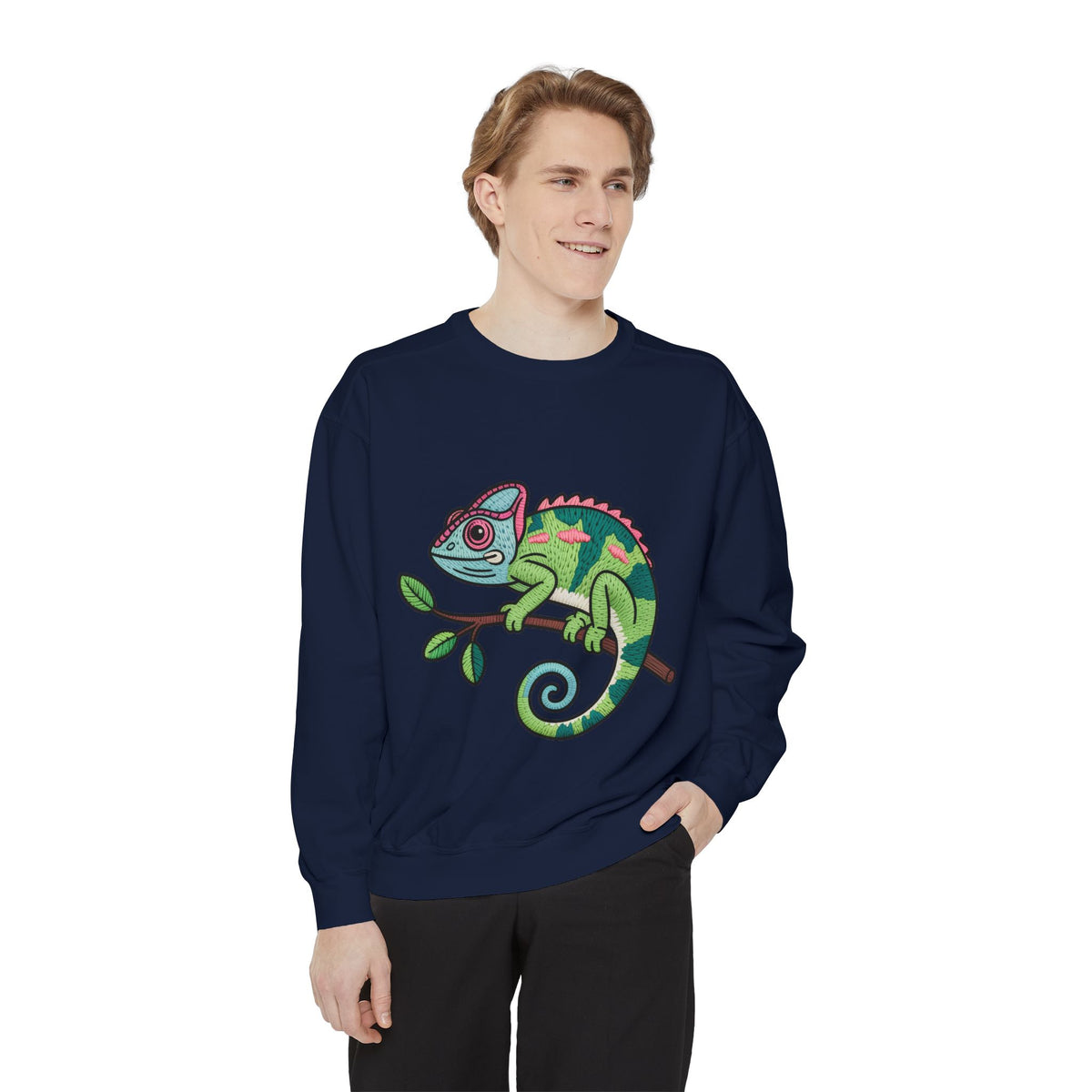 Chameleon Sweatshirt, Cute Embroidered Patch Style Crewneck, Reptile Lover Gift, Garment Dyed Sweatshirt for Nature Lovers