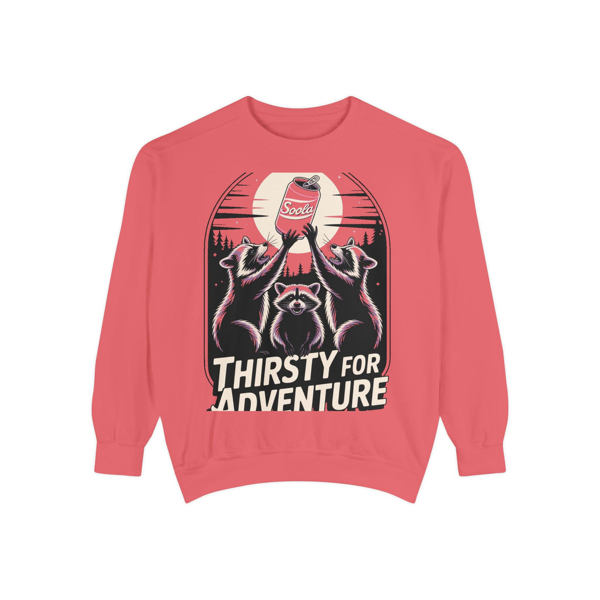 Thirsty For Adventure Raccoons Sweatshirt, Funny Vintage Poster Crewneck, Retro Raccoon Graphic Sweatshirt Gift