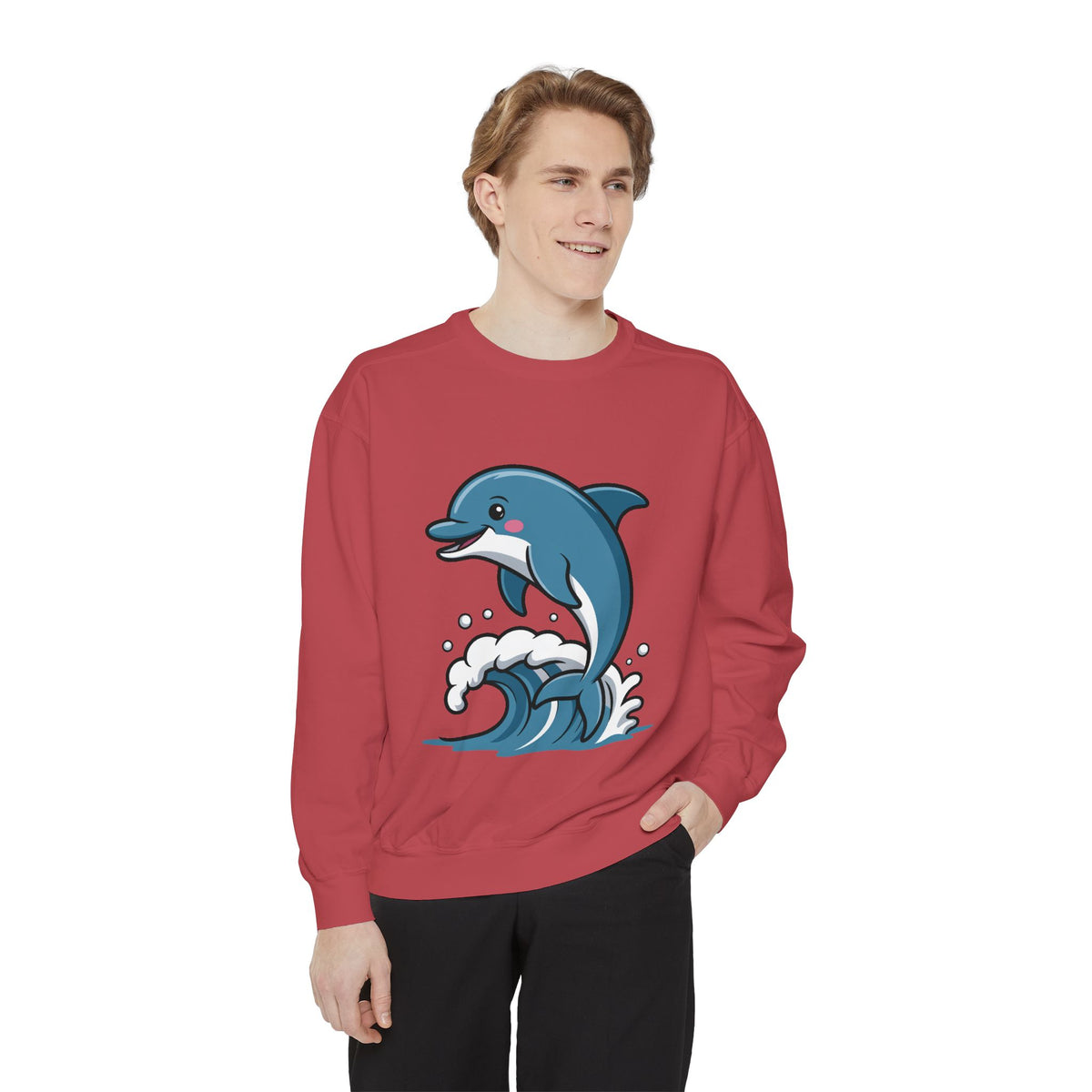 Cute Dolphin Sweatshirt, Embroidered Wave Crewneck, Ocean Lover Gift, Garment Dyed Beach Sweatshirt for Women Men