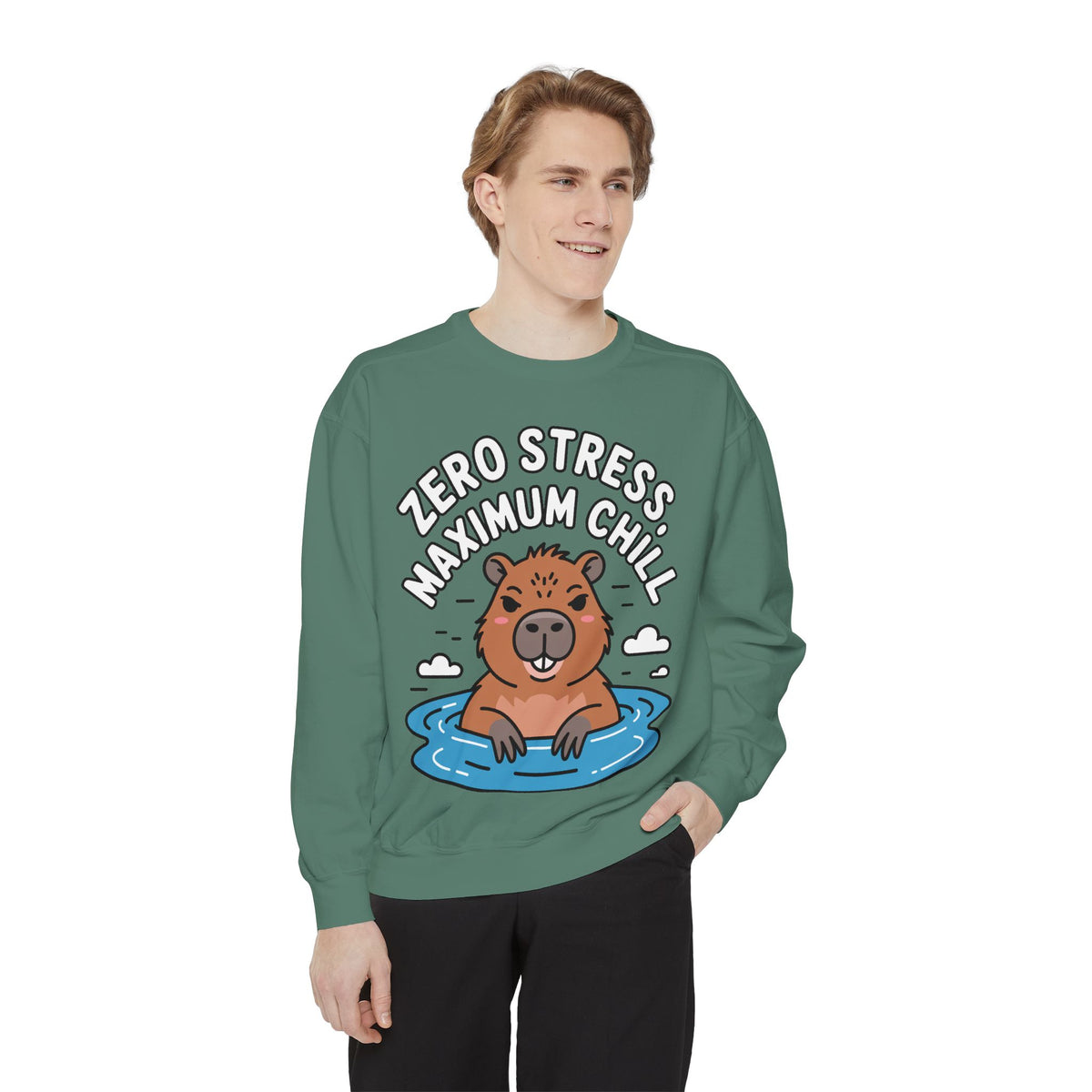 Zero Stress Capybara Sweatshirt, Funny Hot Spring Capybara Crewneck, Cute Chill Animal Gift, Garment Dyed Embroidered Sweatshirt