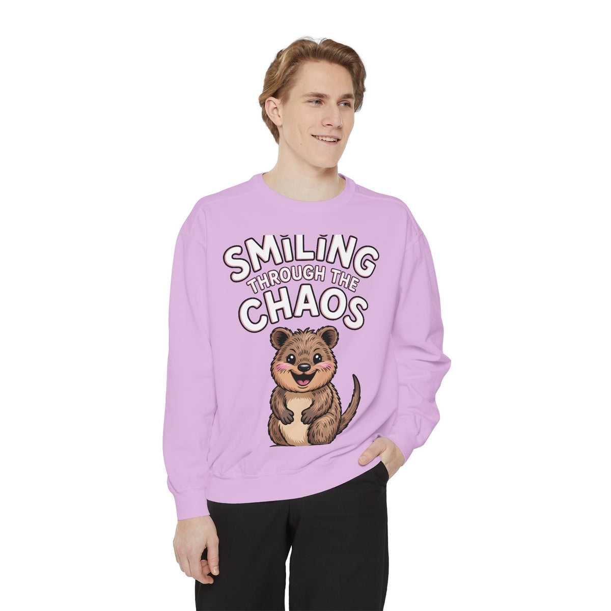 Smiling Through The Chaos Quokka Sweatshirt, Cute Embroidered-Look Crewneck, Funny Quokka Lover Gift, Positive Vibes Pullover