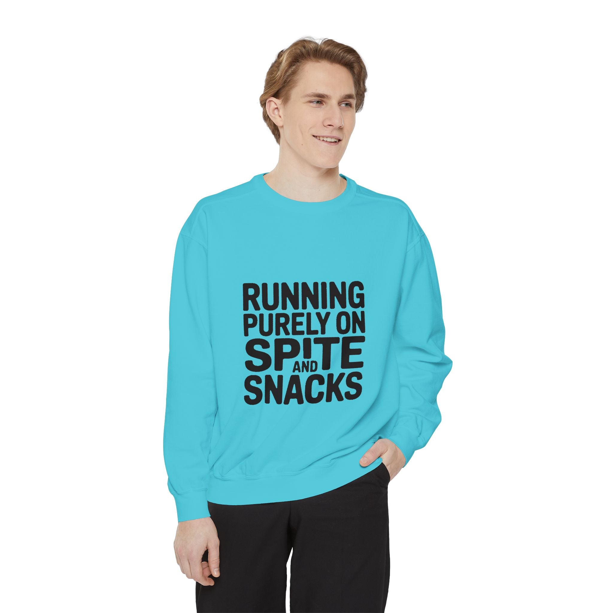 Running On Spite And Snacks Sweatshirt, Funny Sarcastic Crewneck, Embroidered-Look Bold Text Sweatshirt, Sarcastic Gift for Friend