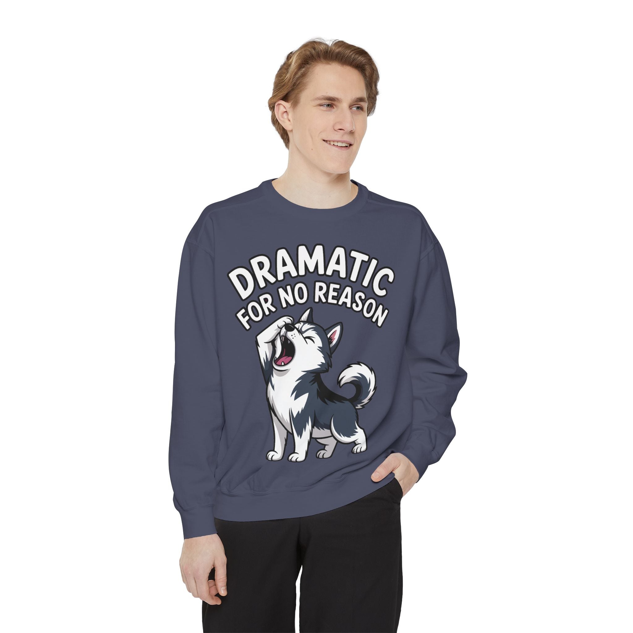 Dramatic Husky Sweatshirt, Funny Dog Lover Crewneck, Cute Cartoon Husky Embroidered Patch Style Sweatshirt, Gift for Husky Mom