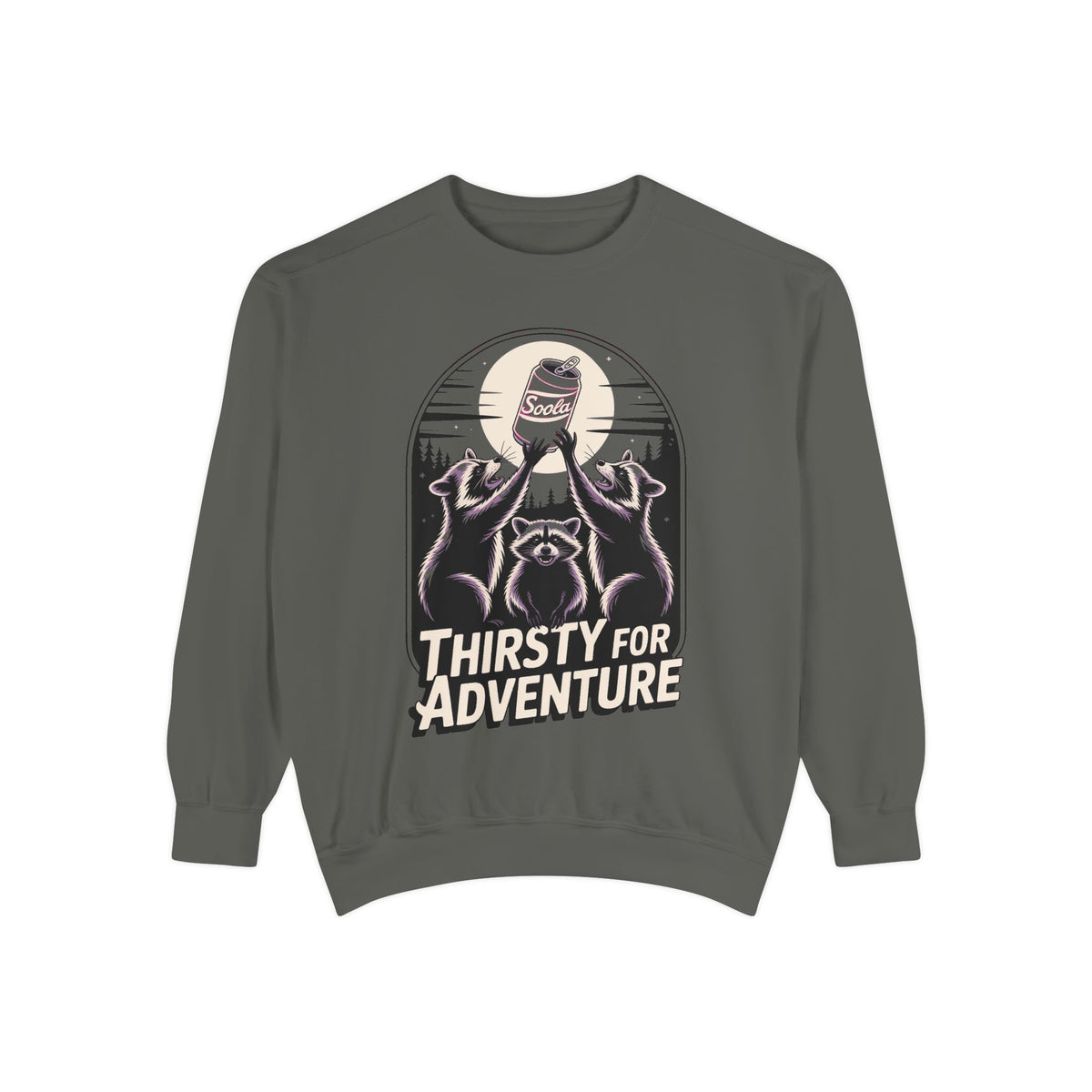 Thirsty For Adventure Raccoons Sweatshirt, Funny Vintage Poster Crewneck, Retro Raccoon Graphic Sweatshirt Gift