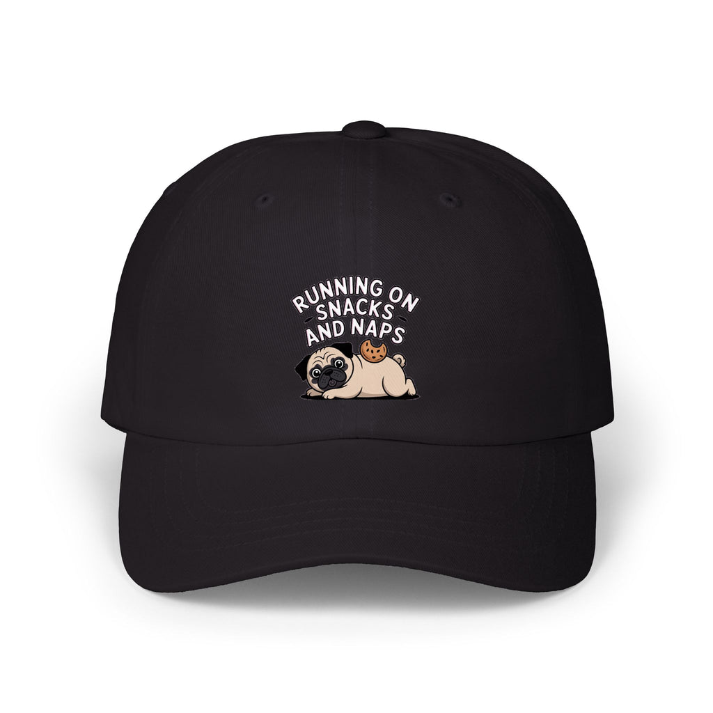Pug Dad Hat, Funny Pug Cap, Running On Snacks And Naps Embroidered Hat, Cute Pug Lover Gift, Unstructured Dad Cap For Napping Dog Mom
