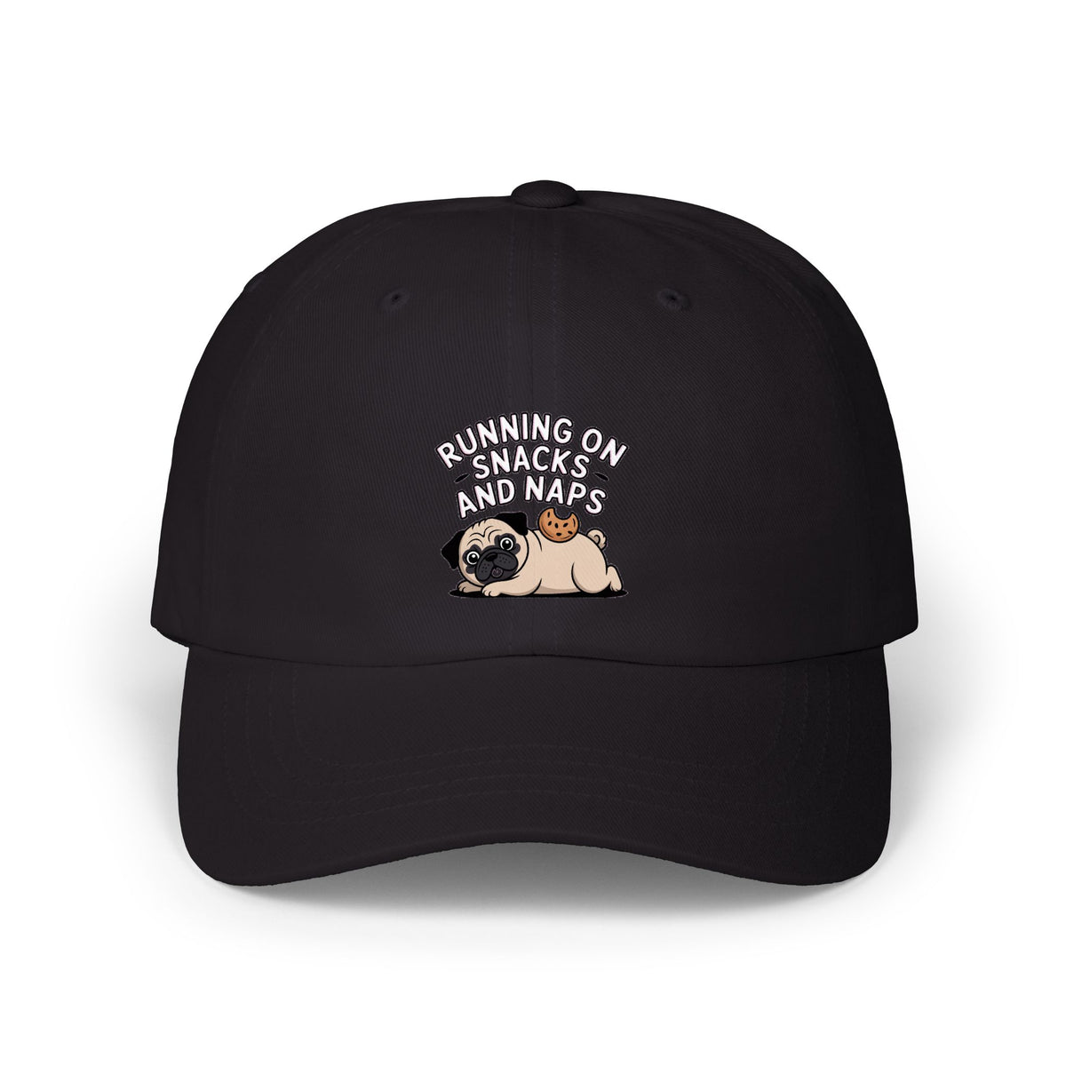 Pug Dad Hat, Funny Pug Cap, Running On Snacks And Naps Embroidered Hat, Cute Pug Lover Gift, Unstructured Dad Cap For Napping Dog Mom