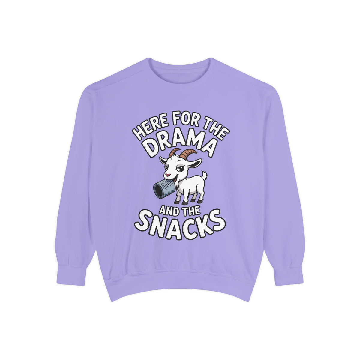 Funny Goat Sweatshirt, Here For The Drama And The Snacks Crewneck, Cute Goat Lover Gift, Embroidered Patch Style Sweatshirt
