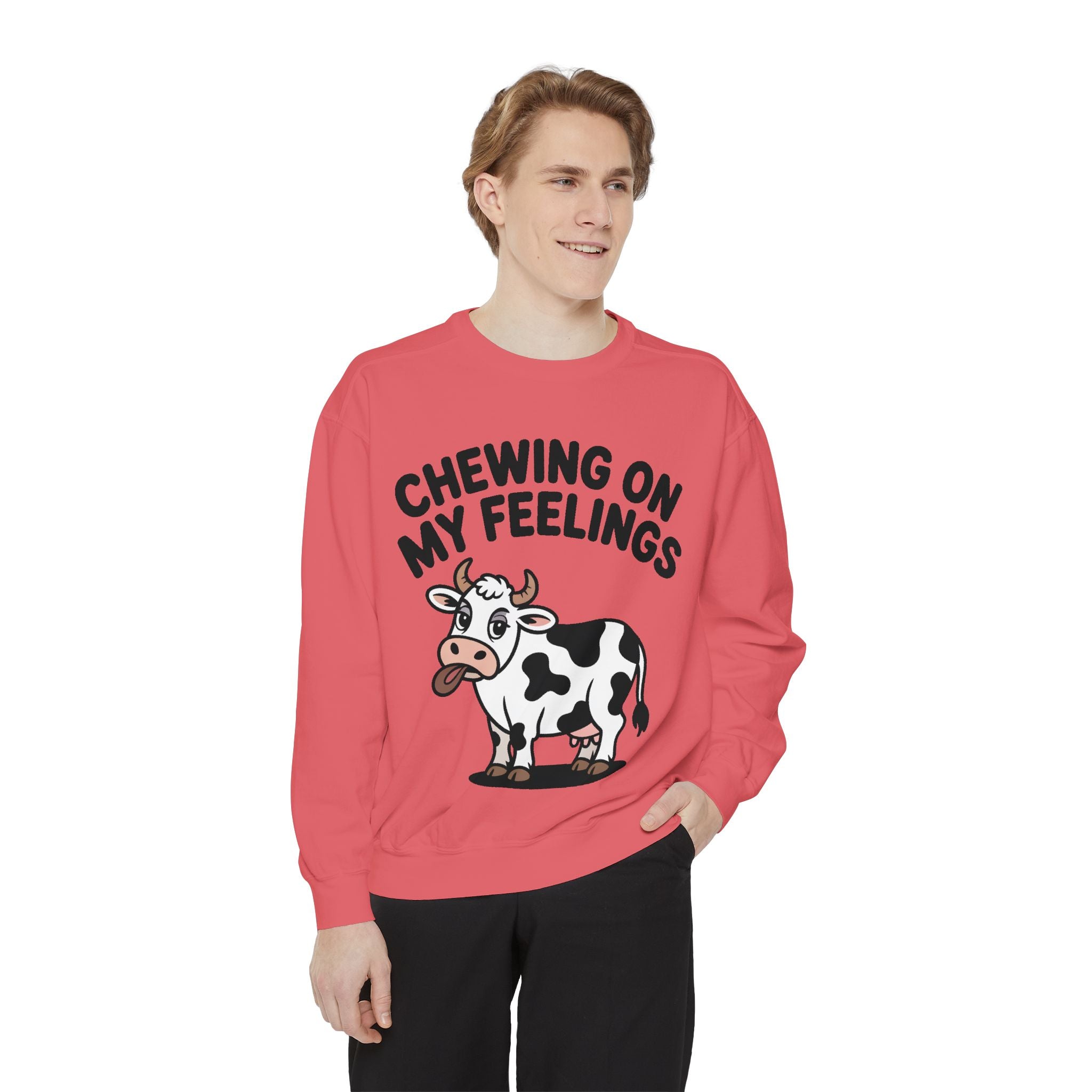 Chewing On My Feelings Sweatshirt, Funny Cow Crewneck, Cute Cow Lover Gift, Embroidered Style Cow Sweatshirt, Funny Farm Animal Shirt