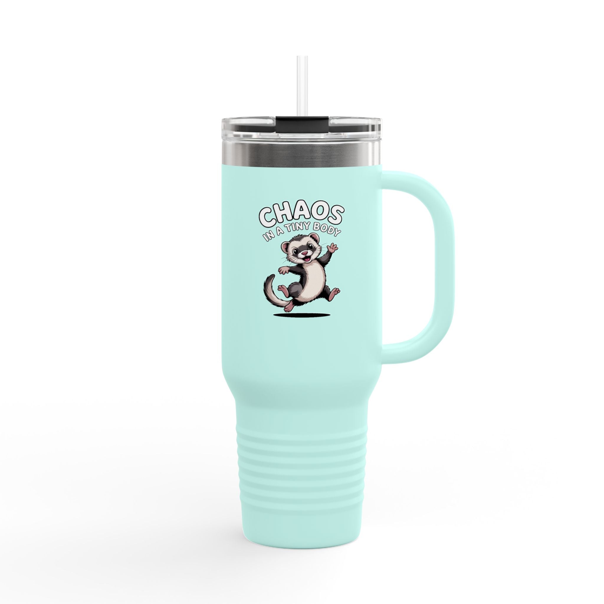 Funny Ferret Travel Mug 40oz, Chaos In A Tiny Body Tumbler, Cute Ferret Lover Gift, Insulated Tumbler With Handle And Straw