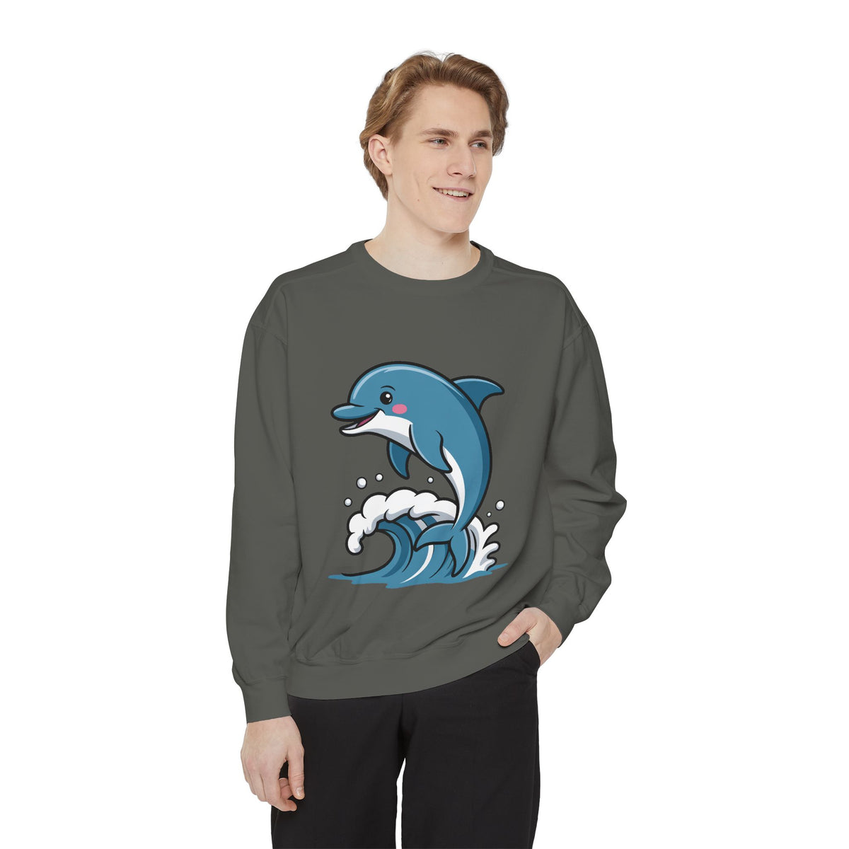 Cute Dolphin Sweatshirt, Embroidered Wave Crewneck, Ocean Lover Gift, Garment Dyed Beach Sweatshirt for Women Men