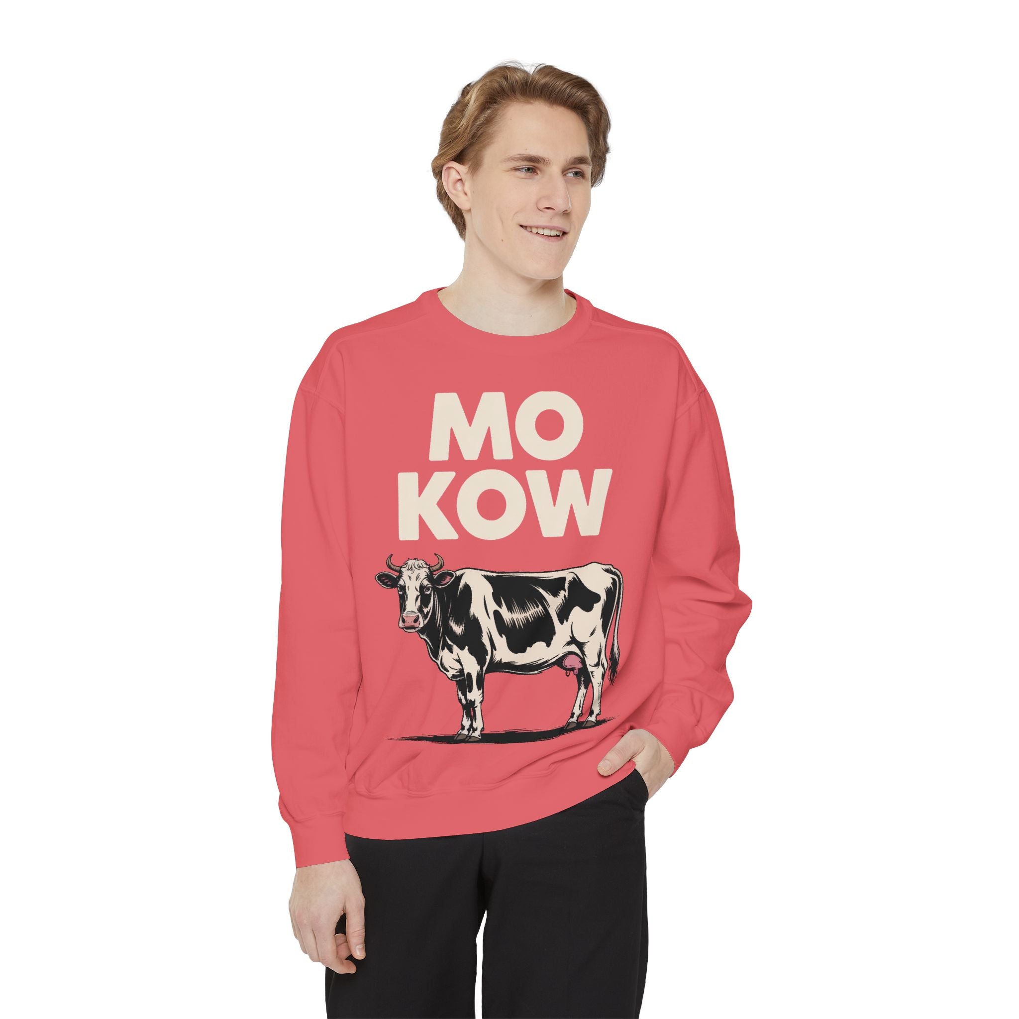 Mo Kow Funny Cow Sweatshirt, Absurd Meme Crewneck, Deadpan Farm Animal Embroidered Sweatshirt, Funny Cow Lover Gift
