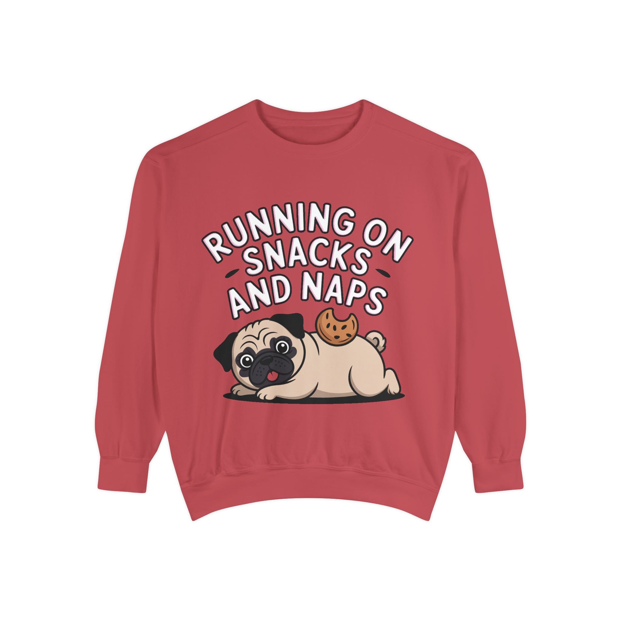 Pug Sweatshirt, Funny Running On Snacks And Naps Crewneck, Cute Pug Lover Gift, Embroidered Patch Style Dog Sweater