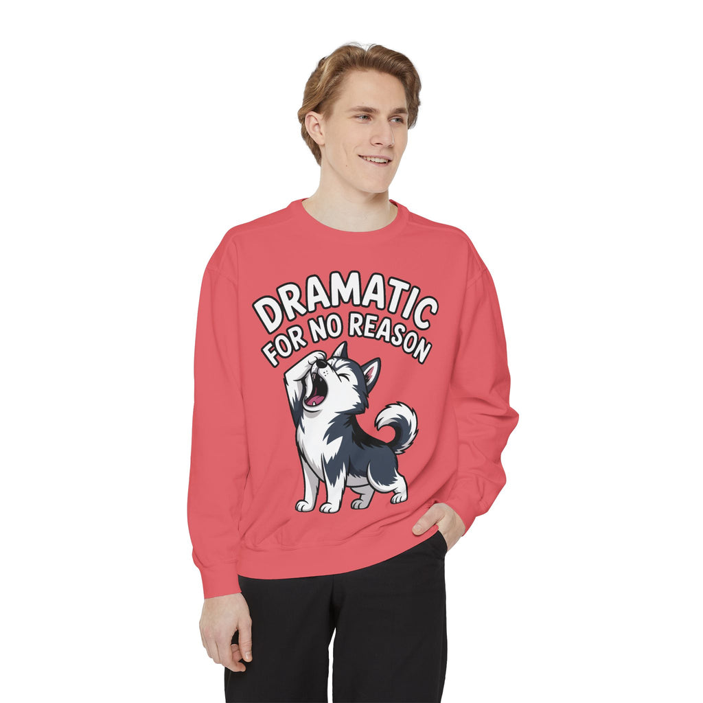 Dramatic Husky Sweatshirt, Funny Dog Lover Crewneck, Cute Cartoon Husky Embroidered Patch Style Sweatshirt, Gift for Husky Mom