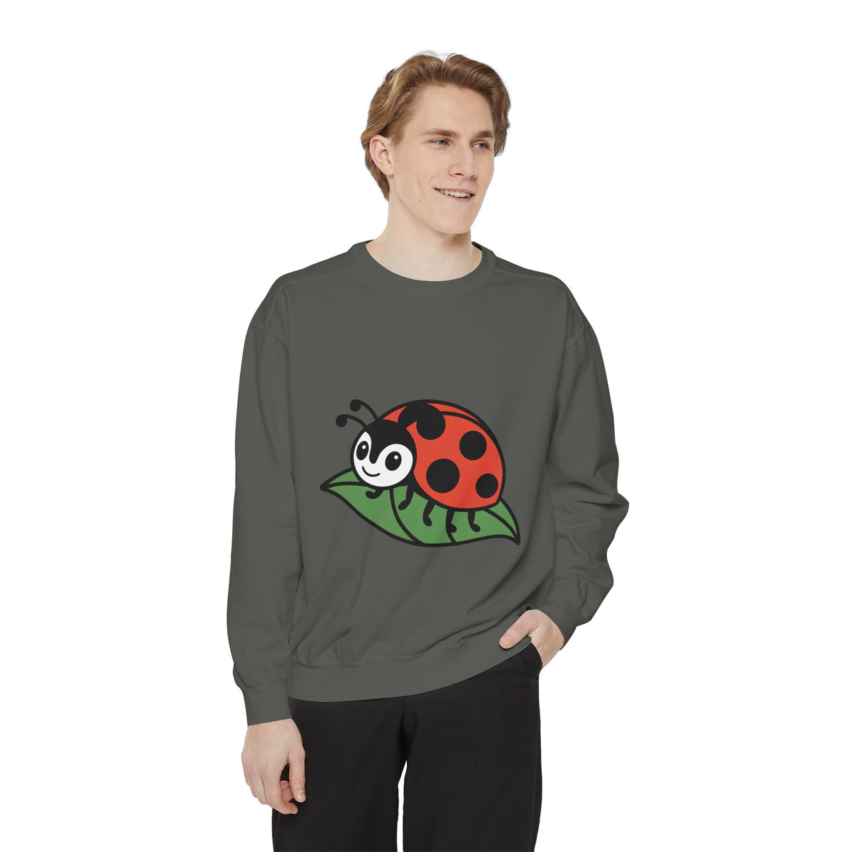 Ladybug Sweatshirt, Cute Embroidered Ladybug On Leaf Crewneck, Garden Lover Gift, Nature Sweatshirt