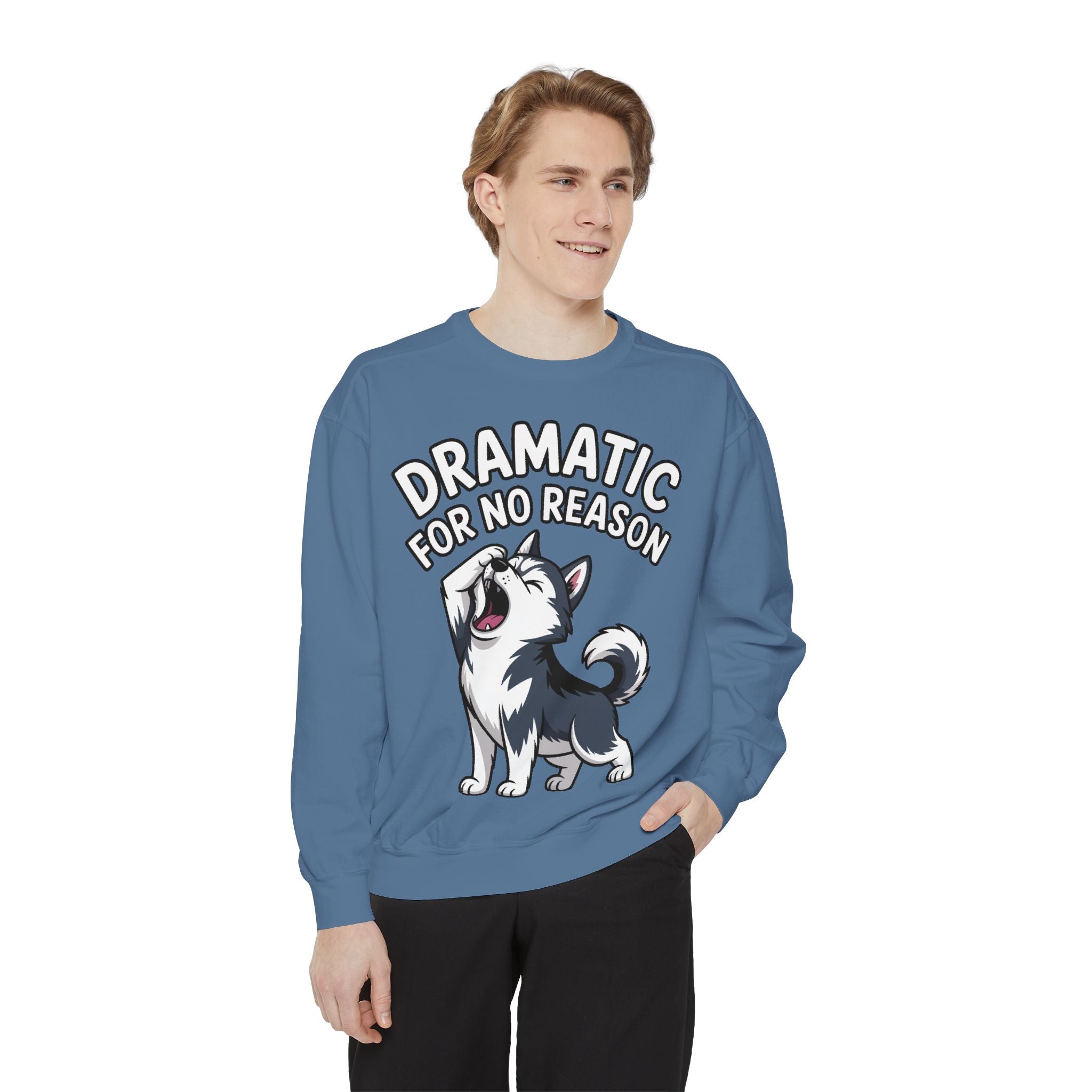 Dramatic Husky Sweatshirt, Funny Dog Lover Crewneck, Cute Cartoon Husky Embroidered Patch Style Sweatshirt, Gift for Husky Mom