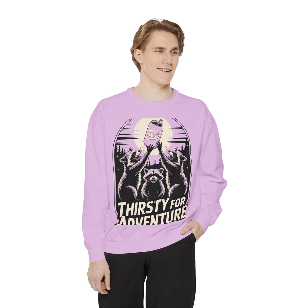 Thirsty For Adventure Raccoons Sweatshirt, Funny Vintage Poster Crewneck, Retro Raccoon Graphic Sweatshirt Gift