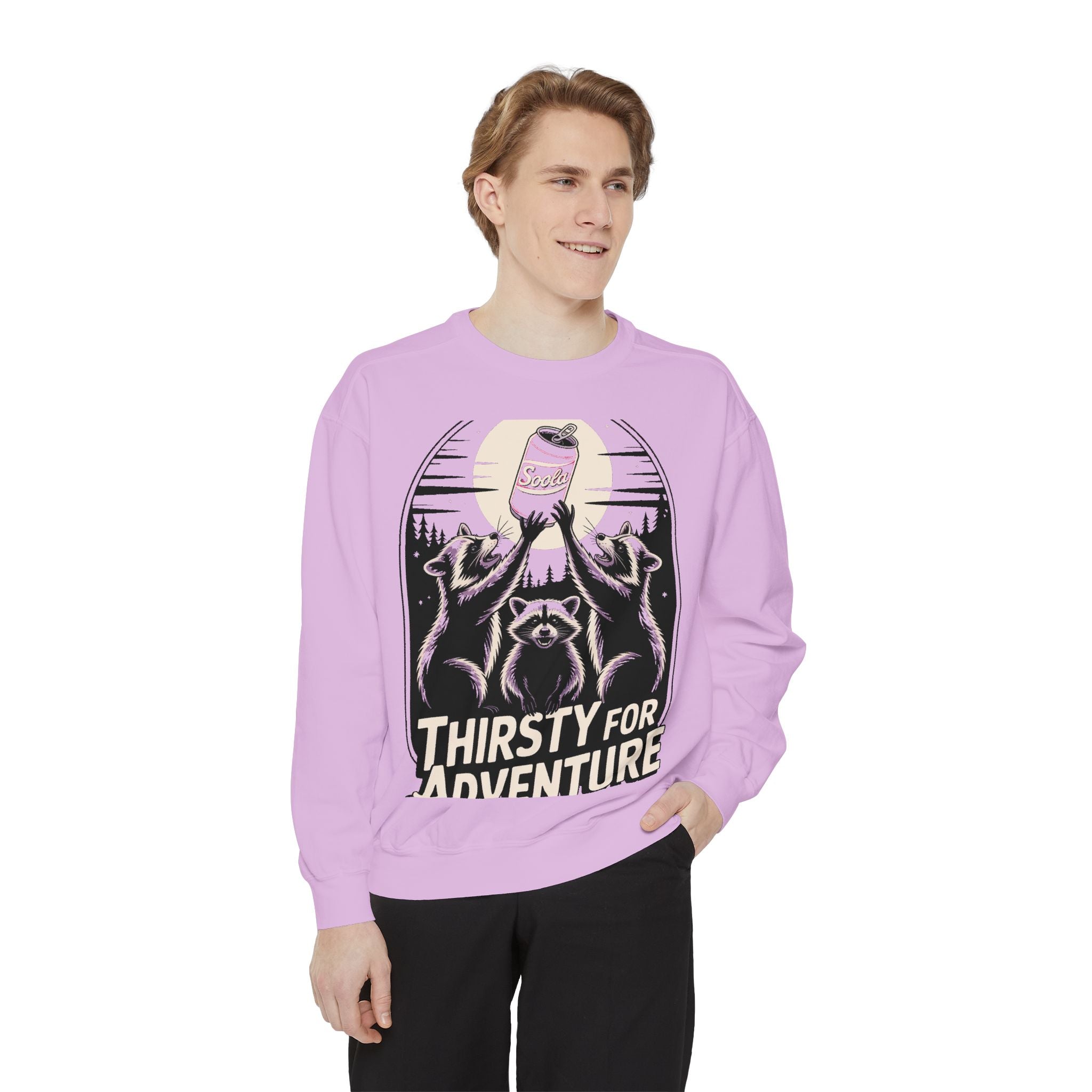Thirsty For Adventure Raccoons Sweatshirt, Funny Vintage Poster Crewneck, Retro Raccoon Graphic Sweatshirt Gift