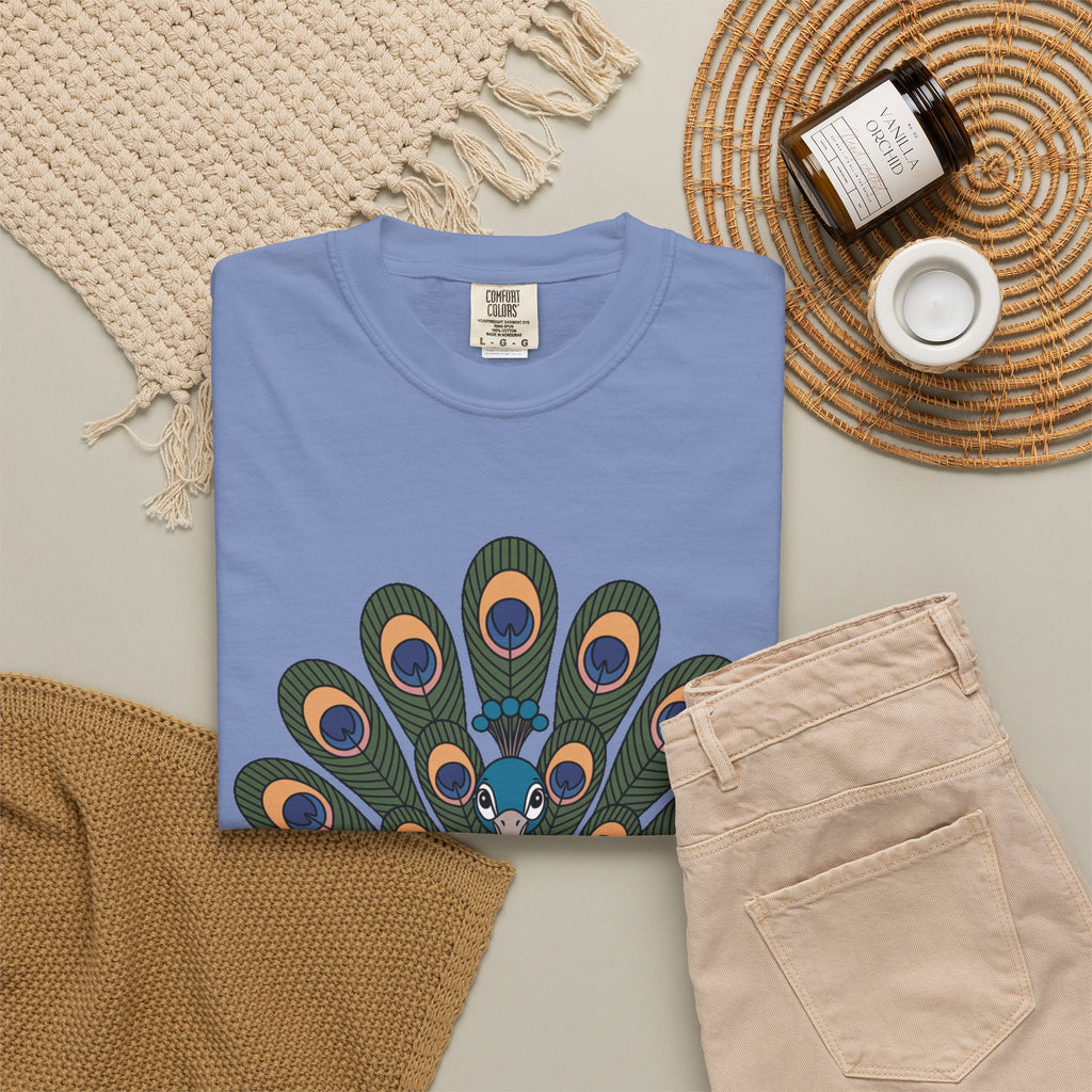 Cute Peacock T-Shirt, Fanned Feathers Bird Lover Gift Tee, Cartoon Peacock Graphic Shirt for Nature Lovers