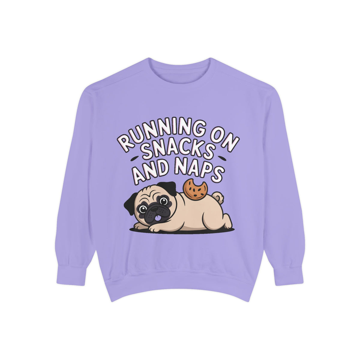 Pug Sweatshirt, Funny Running On Snacks And Naps Crewneck, Cute Pug Lover Gift, Embroidered Patch Style Dog Sweater