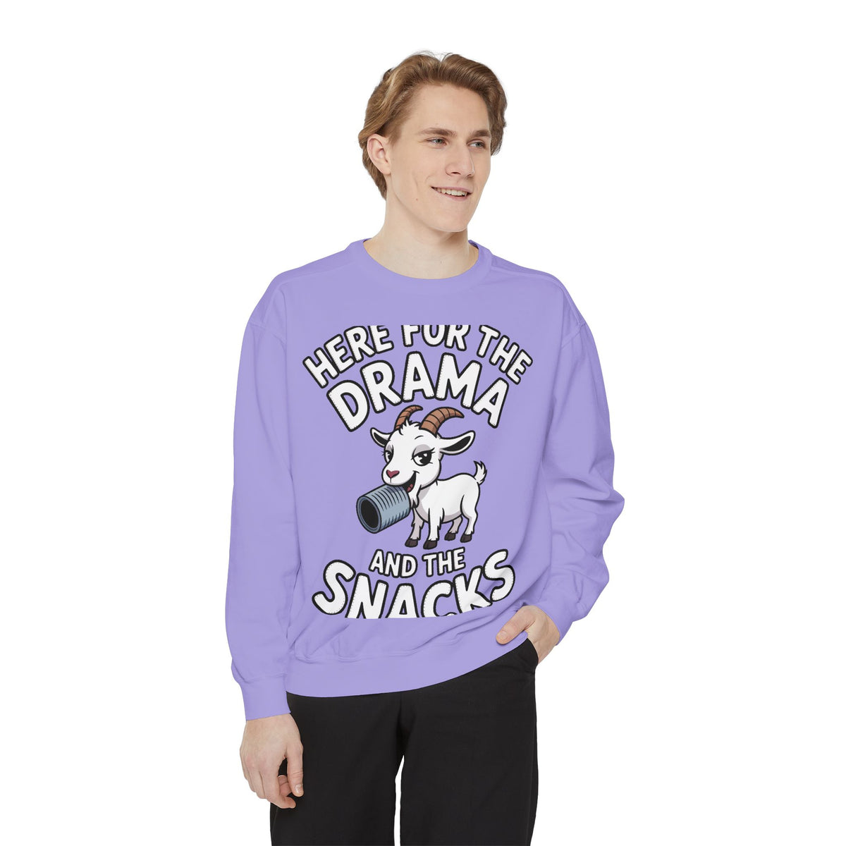 Funny Goat Sweatshirt, Here For The Drama And The Snacks Crewneck, Cute Goat Lover Gift, Embroidered Patch Style Sweatshirt