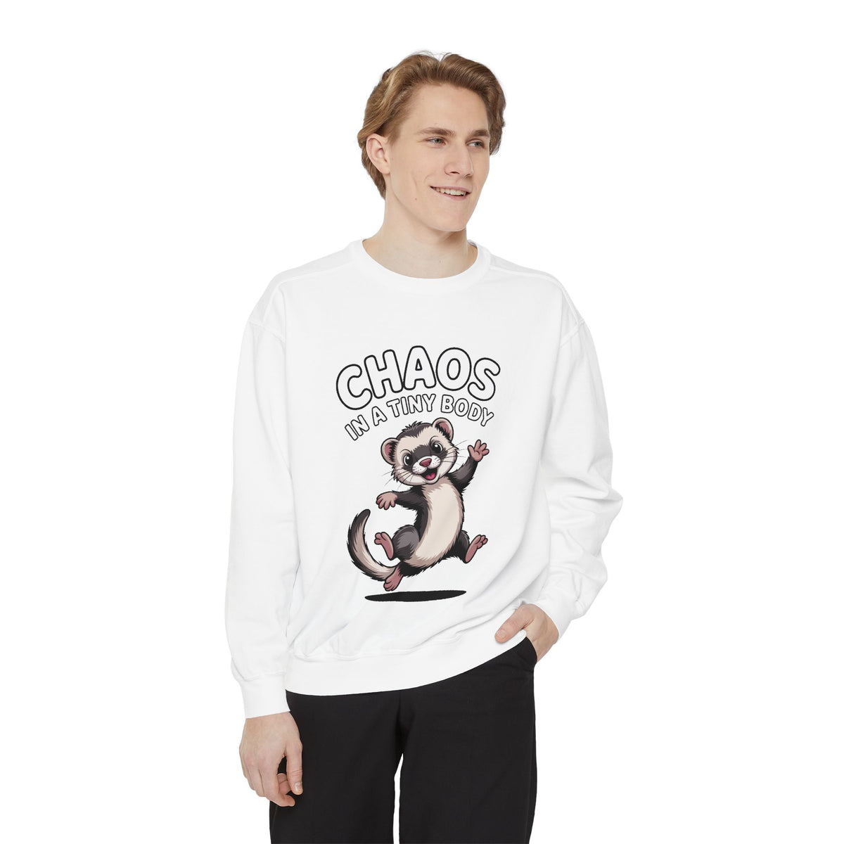 Funny Ferret Sweatshirt, Chaos In A Tiny Body Crewneck, Cute Ferret Lover Gift, Embroidered Style Ferret Sweatshirt For Pet Owners