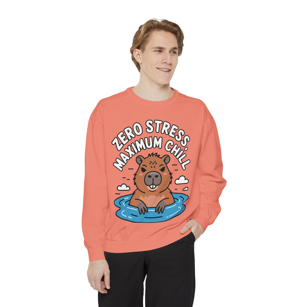 Zero Stress Capybara Sweatshirt, Funny Hot Spring Capybara Crewneck, Cute Chill Animal Gift, Garment Dyed Embroidered Sweatshirt